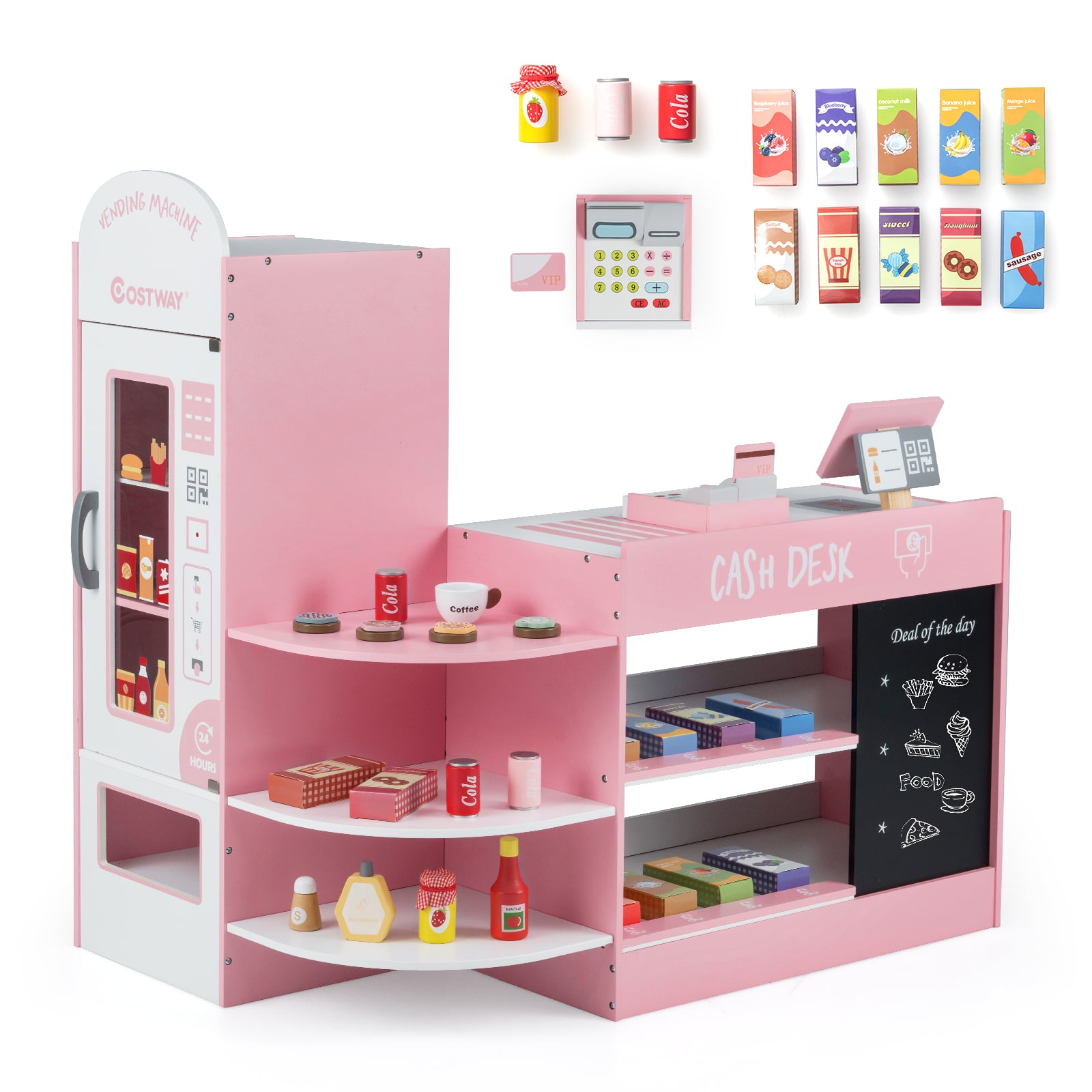 Kinder Supermarkt Spielset mit Kasse & POS-Maschine & Verkaufsautomat & Tafel Rosa