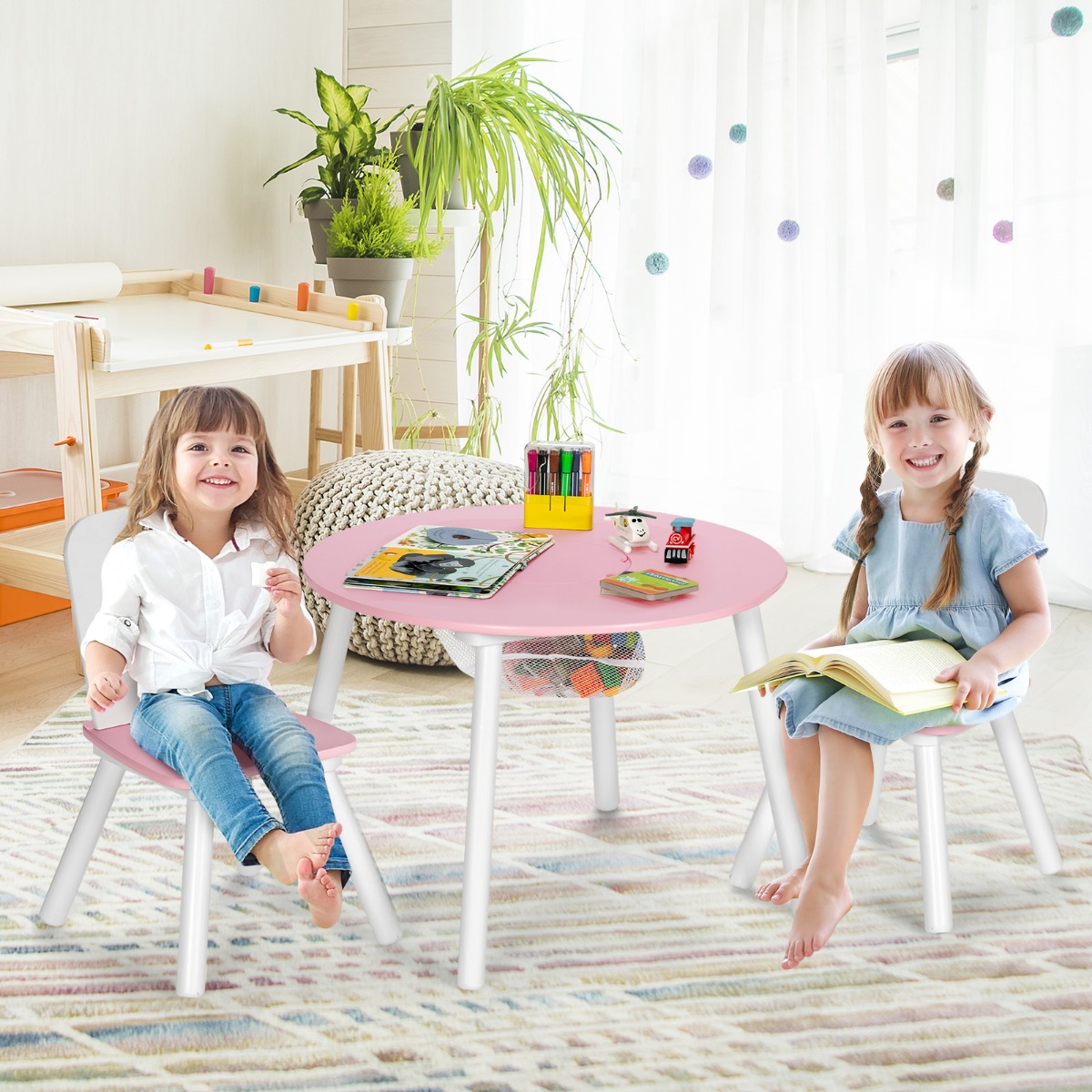 Kindertisch mit 2 Stühlen 3 TLG. Kindersitzgruppe aus Holz Kindermöbel-Set stapelbar Rosa