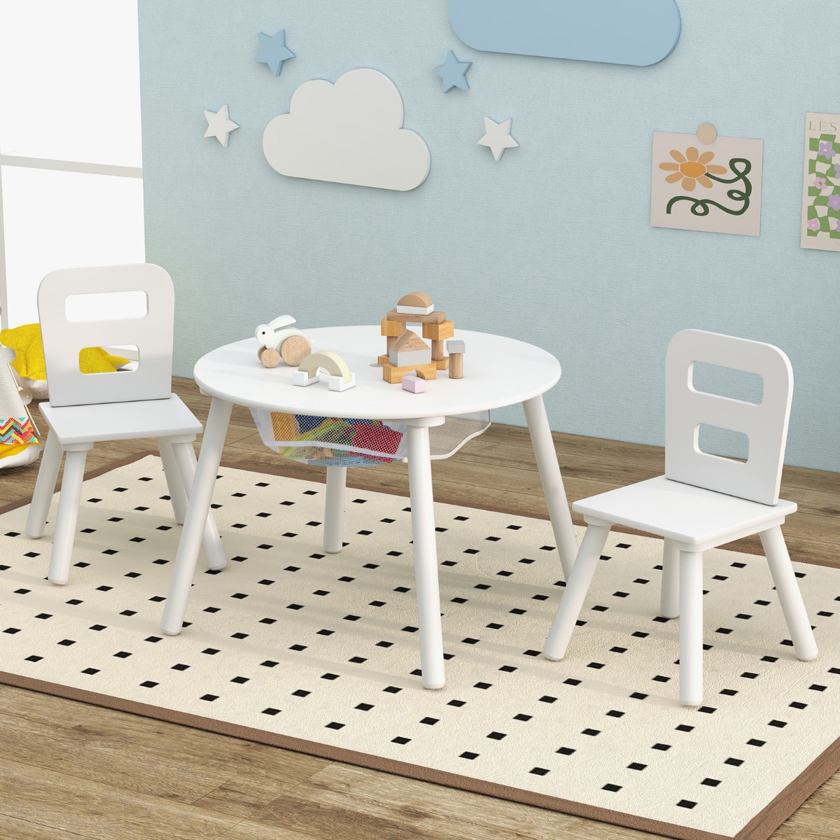 Kindertisch mit 2 Stühlen 3 TLG. Kindersitzgruppe aus Holz Kindermöbel-Set stapelbar Weiß