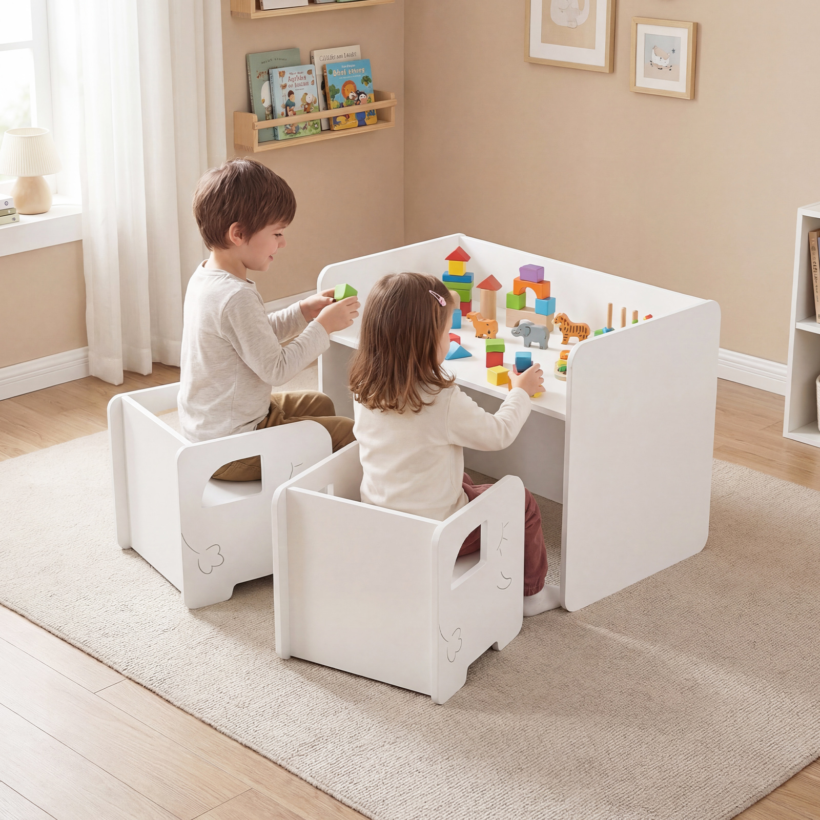 Kindertisch mit 2 Stühlen Tisch und Stuhl Set mit Tafel Spieltisch mit Niedlichem Muster für Kinderzimmer Weiß