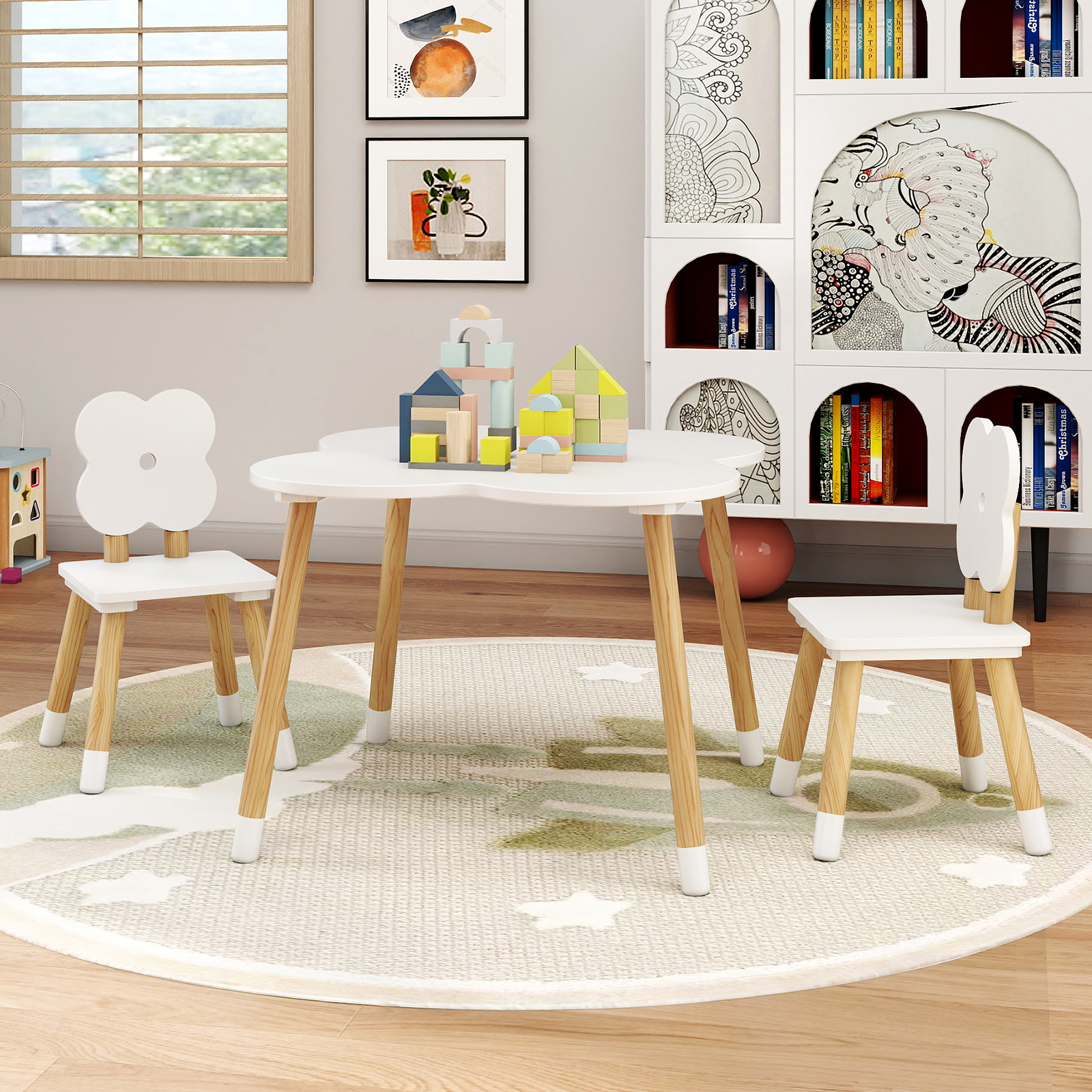 Kindertisch-Set in Blumenform hölzerner Spiel- und Aktivitätentisch für Kinder mit 2 kindgerechten Stühlen Weiß