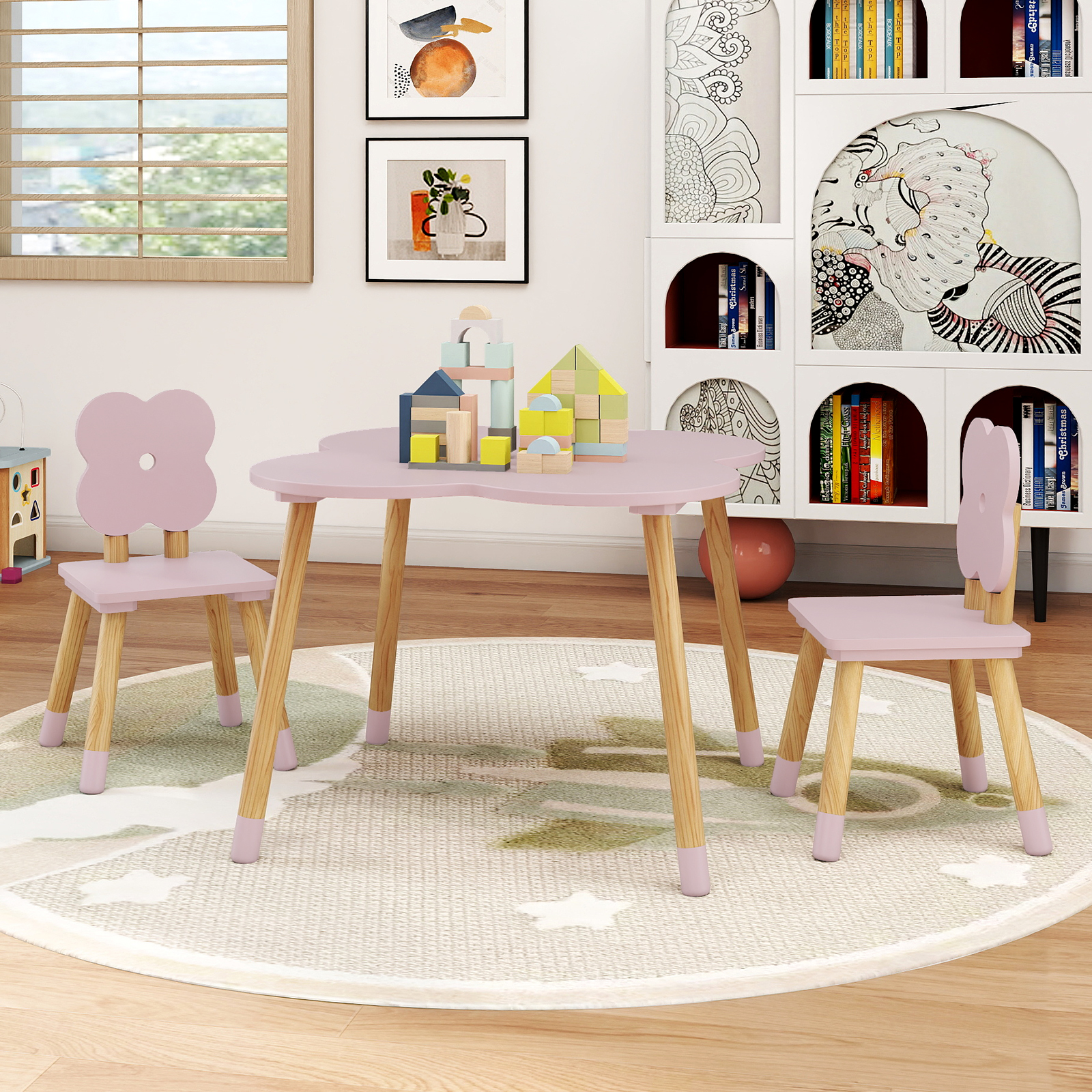 Kindertisch-Set in Blumenform hölzerner Spiel- und Aktivitätentisch für Kinder Rosa