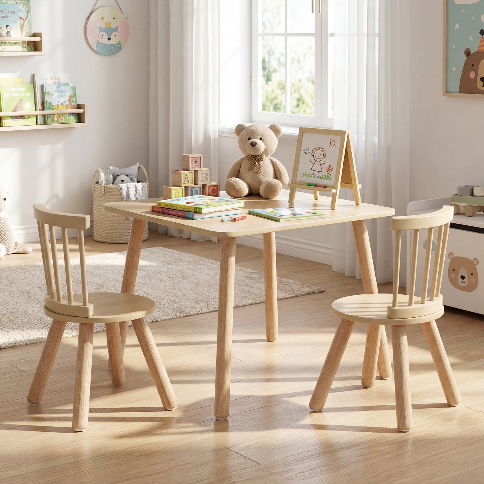 Kindertisch und 2 Stühle Set Holz Kinder Aktivitätstisch-Set mit geschwungenen Spindel-Rückenlehnen Natur