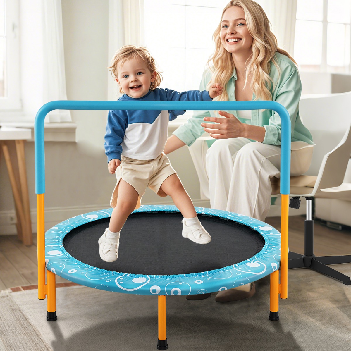 φ92 cm Kindertrampolin mit Griff Mini-Trampolin bis 150kg Belastbar Klappbares Trampolin Orange