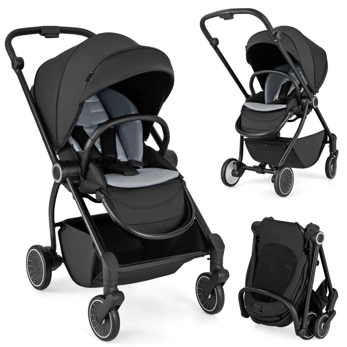 Kinderwagen faltbar mit umkehrbarem Sitz Reisebuggy mit verstellbarer Rückenlehne Schwarz