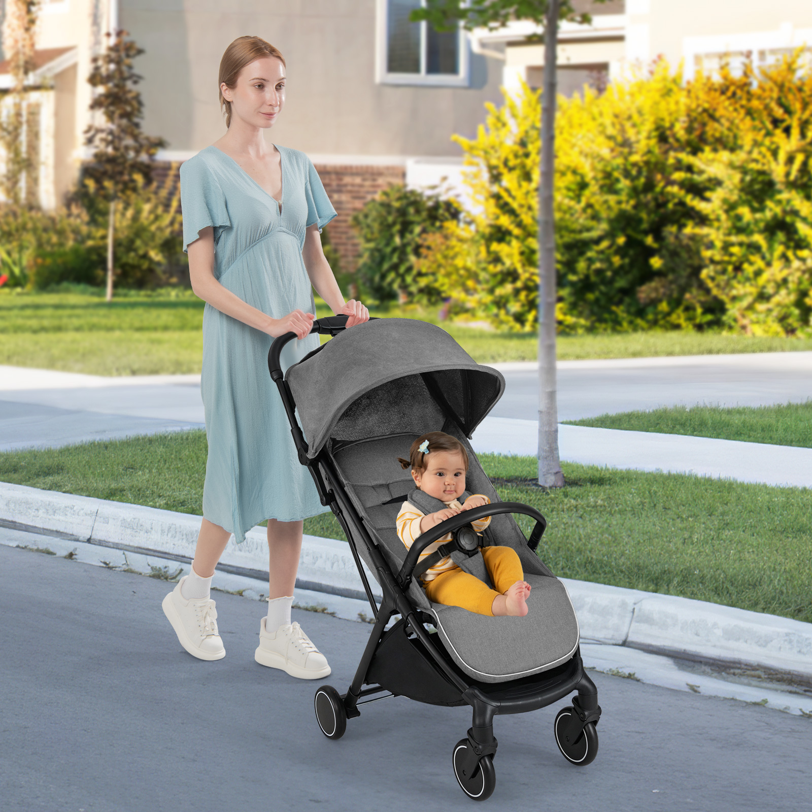 Kinderwagen klappbar Reisebuggy mit Liegefunktion Kinderbuggy tragbar mit verstellbarer Rückenlehne bis 15 kg Belastbar Grau