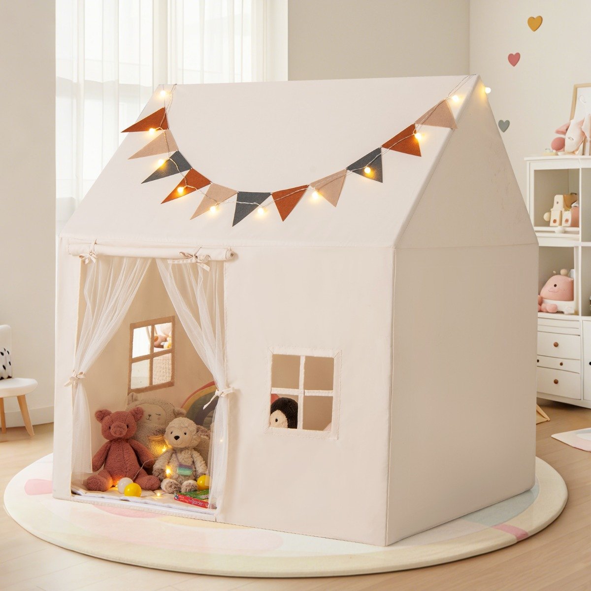 Kinderzelt für Drinnen Spielhaus Kinder Indoor mit rutschfeste Matte Spielzelt Kinderzimmer Zelt Beige