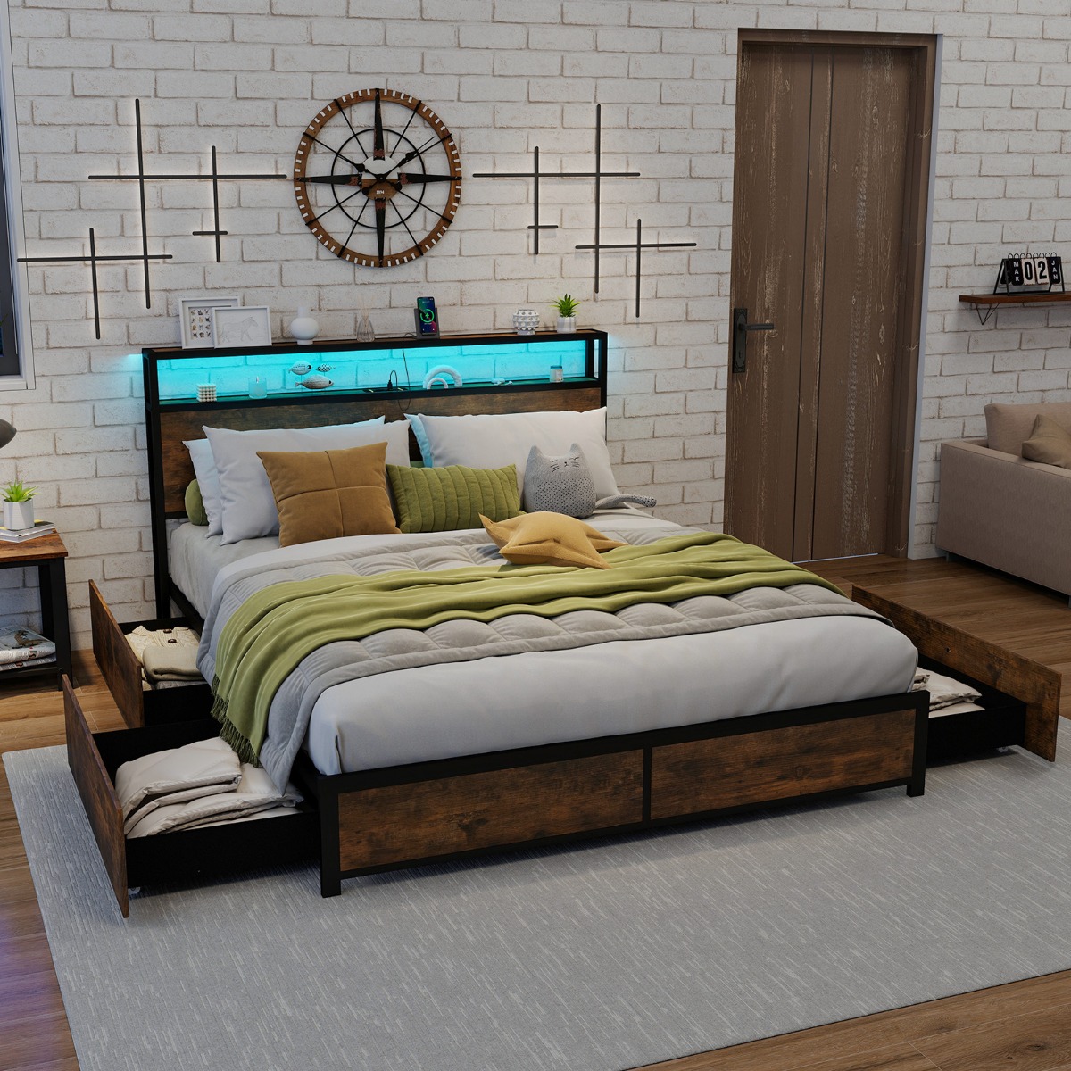 Bett mit LED Beleuchtung Ladestation & 4 Schubladen Stauraumbett mit Kopfteil & Lattenrost 200 x 160 cm