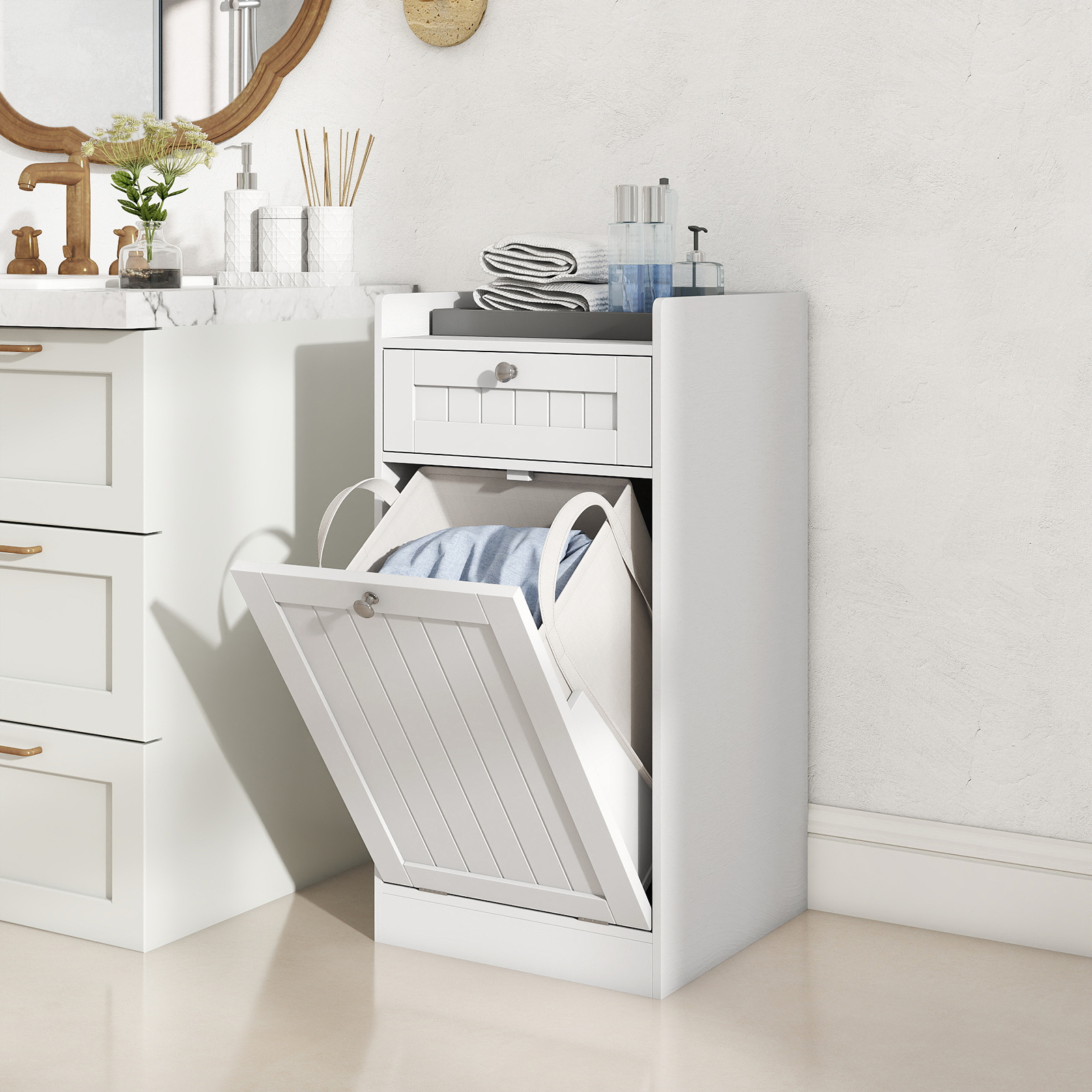 Kippbarer Wäscheschrank freistehender Badezimmerschrank mit Regal Schublade Weiß