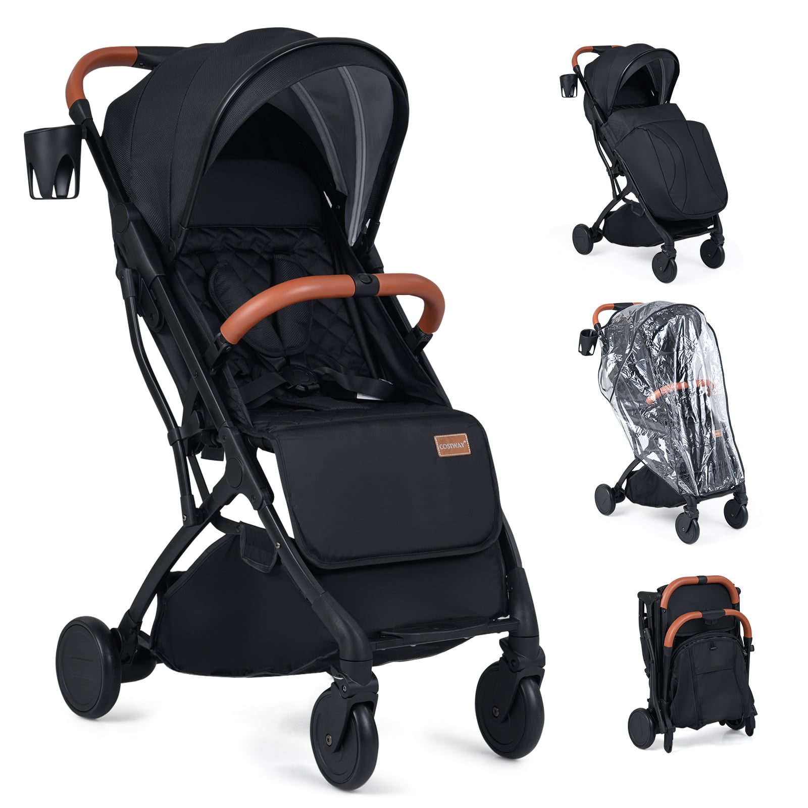 Klappbare Kinderwagen mit Regenschutz & Verstellbarem Rückenlehne & Verdeck Reisebuggy Schwarz