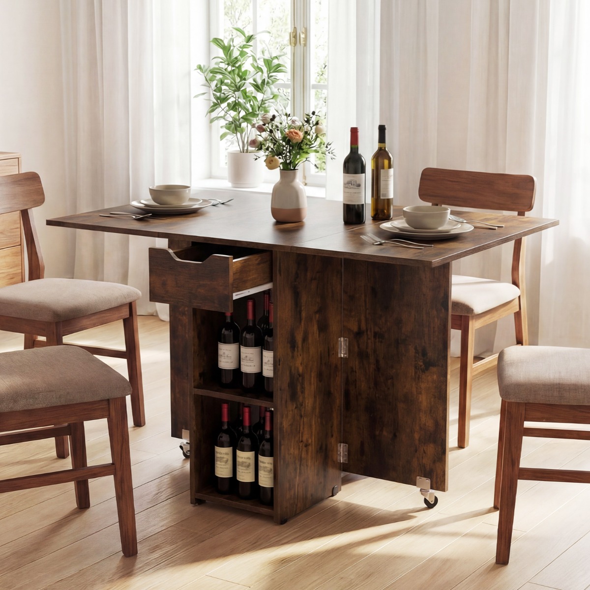 Klappbarer Esstisch mit 2 Rädern & 2-stufiger Ablagefläche & Schublade Klapptisch Rustikalbraun