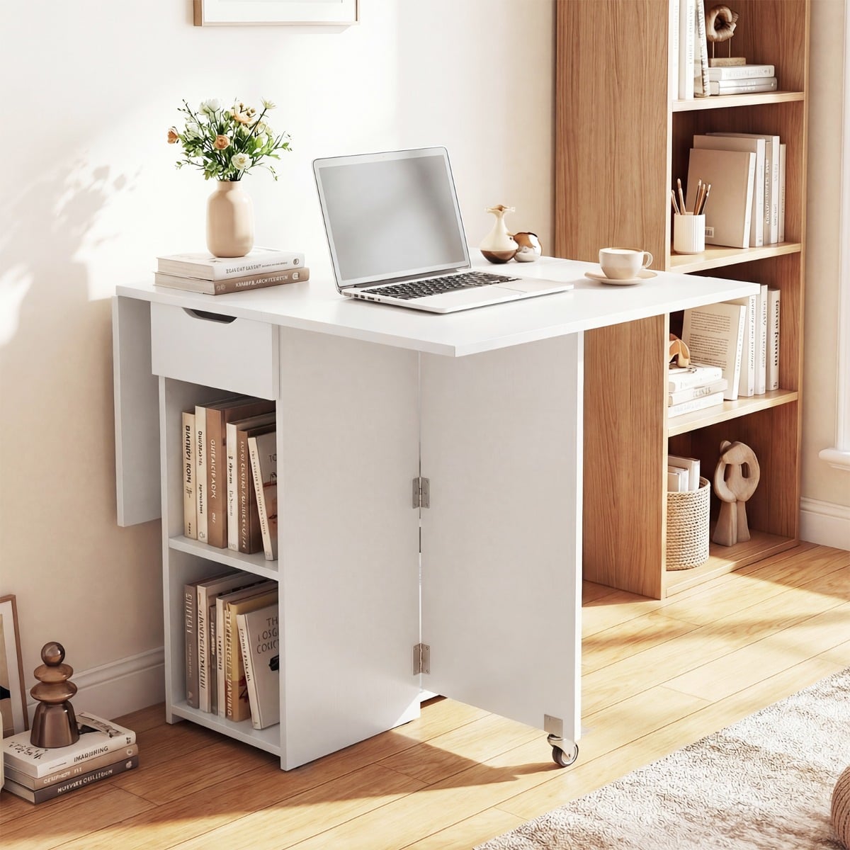 Klappbarer Esstisch mit 2 Rädern & 2-stufiger Ablagefläche & Schublade Klapptisch Weiß