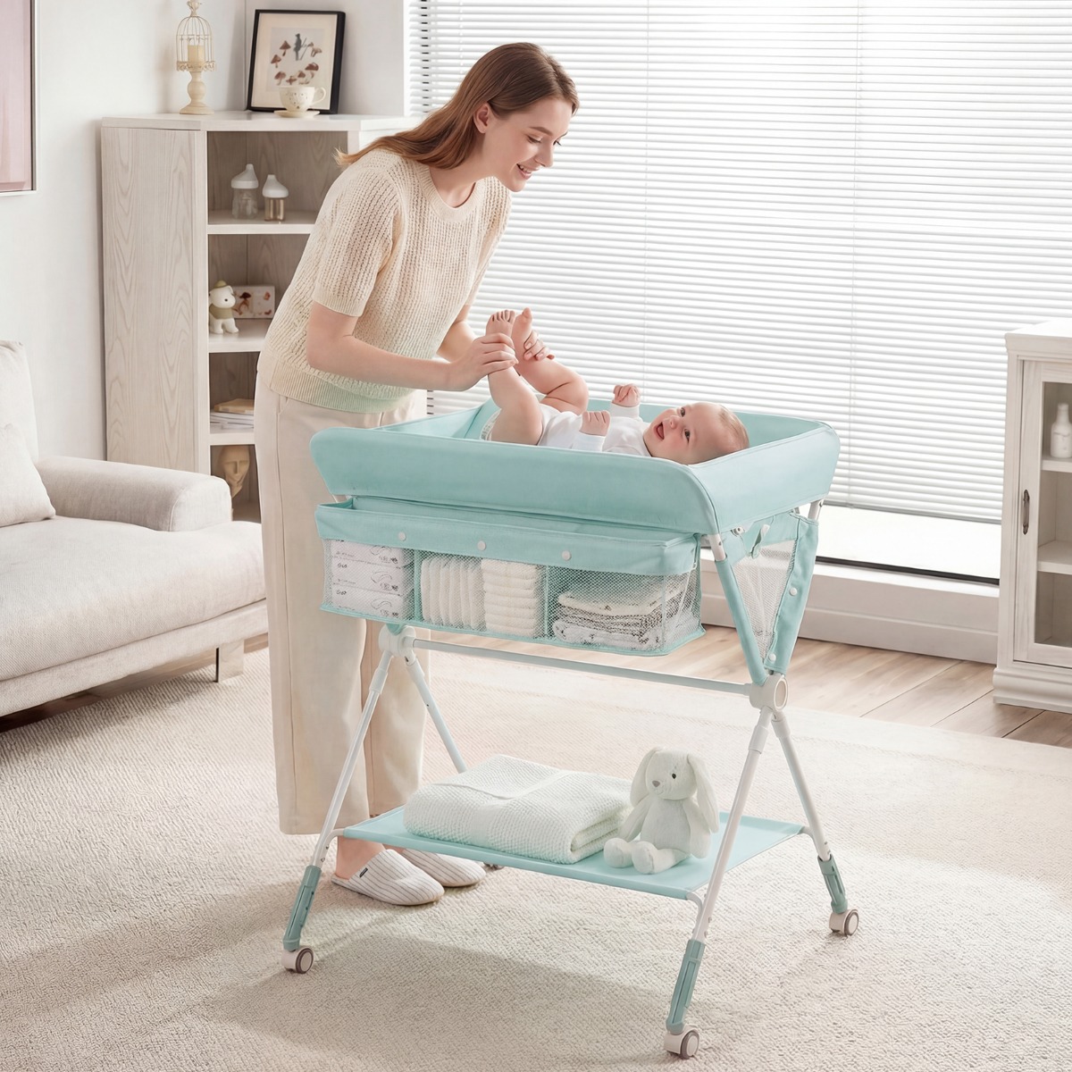 Tragbarer Wickeltisch klappbare Wickelstation mit 3-fach verstellbarer Höhe & feststellbaren Rollen Grün