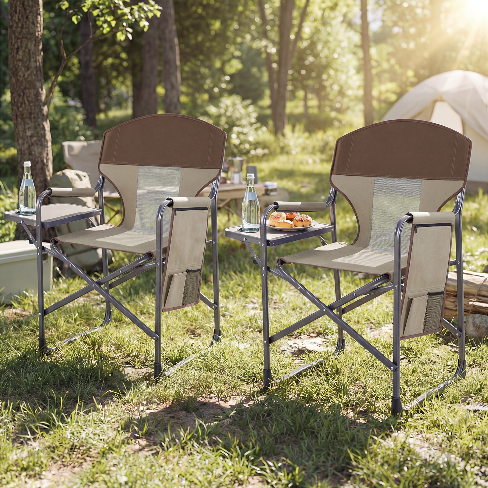 Klappbarer Regiestuhl mit Seitentisch & Seitentasche & Getränkehalter Campingstuhl Braun