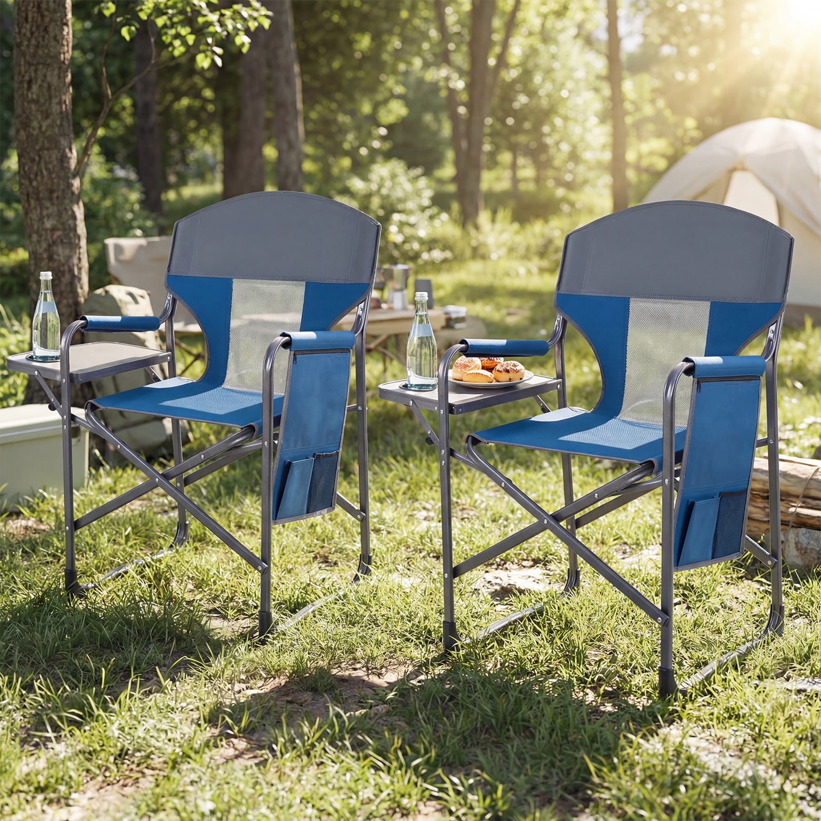 Klappbarer Regiestuhl mit Seitentisch & Seitentasche & Getränkehalter Campingstuhl Blau