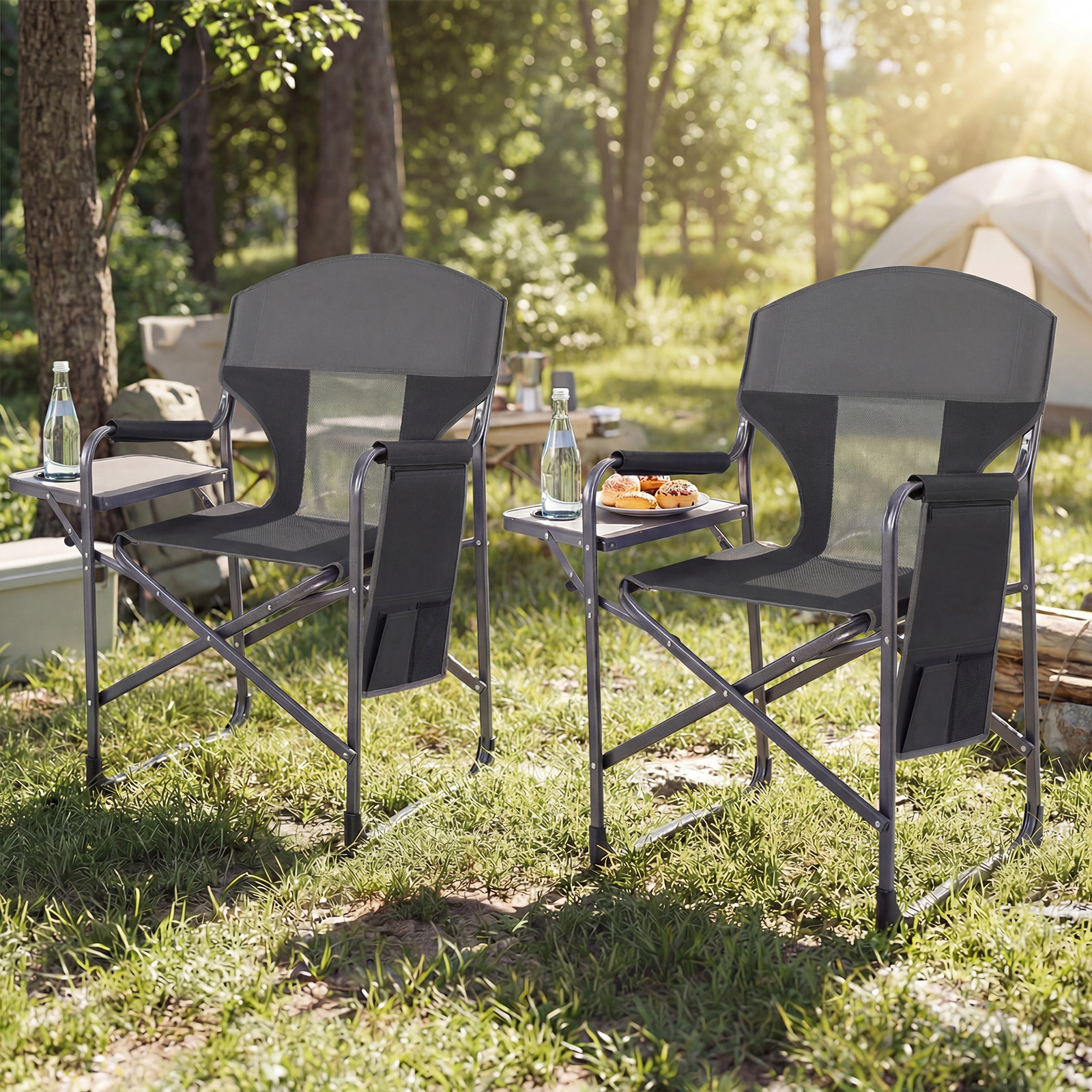 Klappbarer Regiestuhl mit Seitentisch & Seitentasche & Getränkehalter Campingstuhl Schwarz