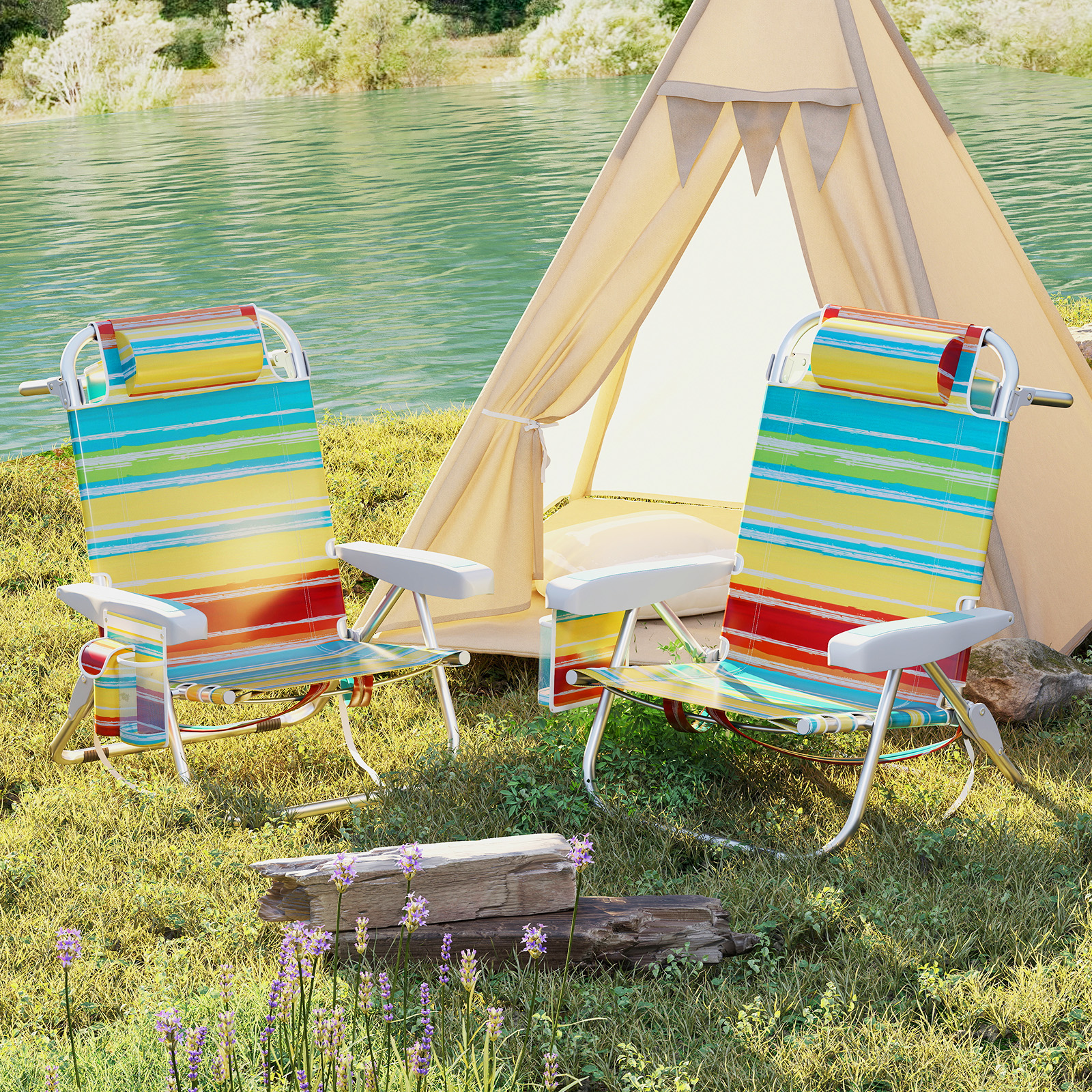 Klappbarer Strandstuhl mit Verstellbarer Rückenlehne Leichter Campingstuhl Blauer Streifen Bunt