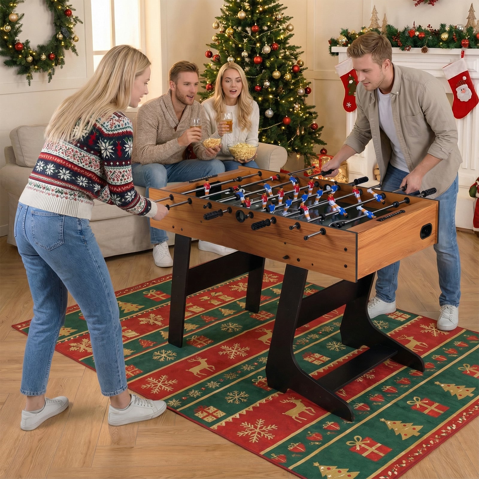Klappbarer Tischkicker mit 22 Spielfiguren & 2 Bällen & 2 Punktezähler 120 cm Kickertisch Natur
