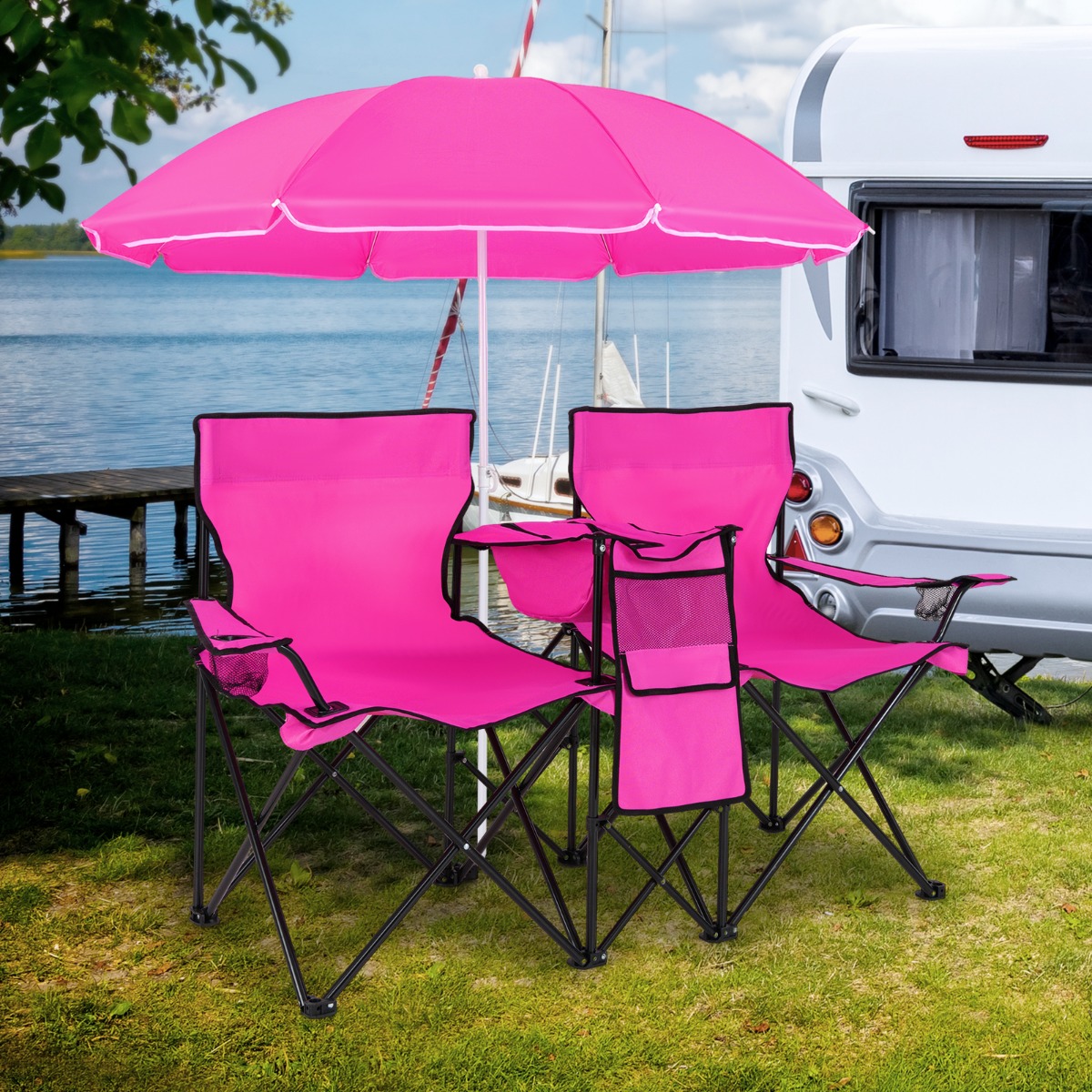 2-Sitzer Campingstuhl mit Sonnenschirm Klappbarer Angelstuhl mit Tragetasche Faltstuhl Rosa