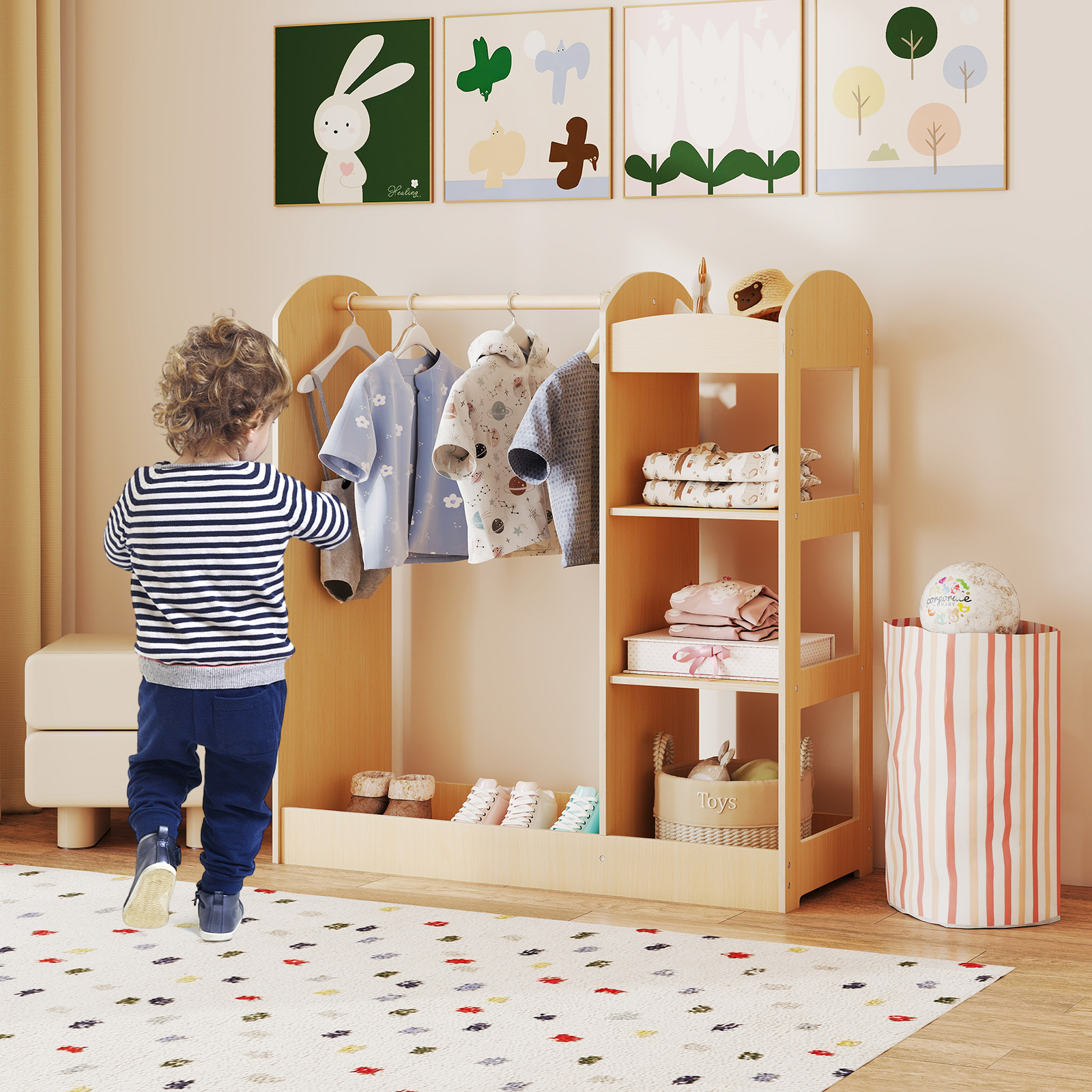 Kleidergarderobe für Kinder Kostümgarderobe für Kinder mit Spiegel 93,5 x 38 x 100 cm Natur