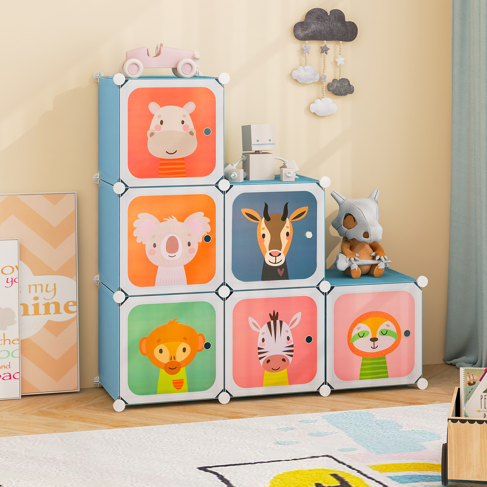 Kleiderschrank für Kinder Babyschrank mit 8 Würfeln & Hängebereich niedliche Cartoon-Kommode Blau