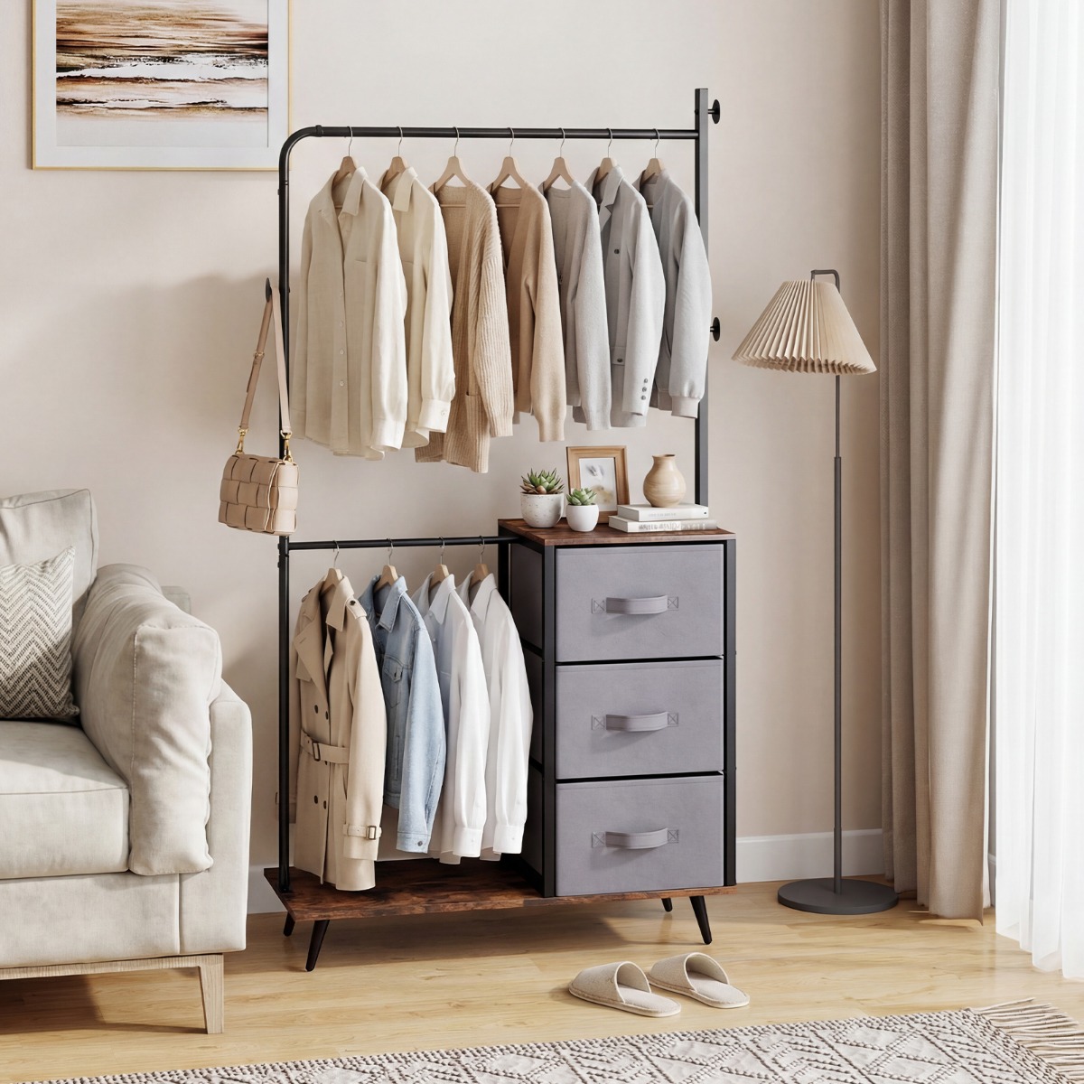 Doppelte Kleiderstange mit 2 Ablagefächern & 3 Seitenhaken & 3 Stoffschubladen Kleiderständer