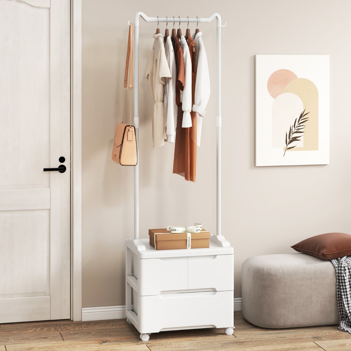 Kleiderständer mit 3 Schubladen Rollbarer Garderobenständer mit seitlichen Haken 46 x 38 x 157 cm