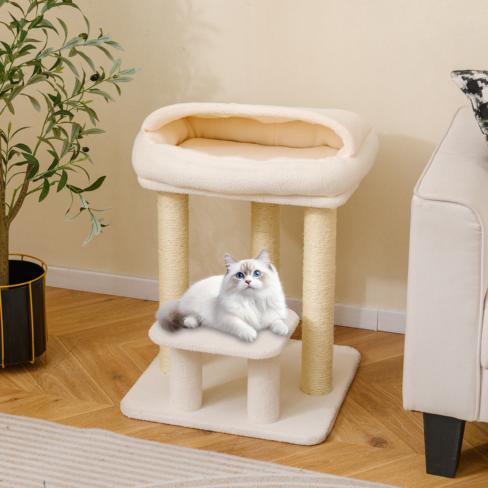 Kleiner Kratzbaum für Wohnungskatzen Katzenturm mit gemütlichem Plüsch-Top-Liegeplatz Weiß