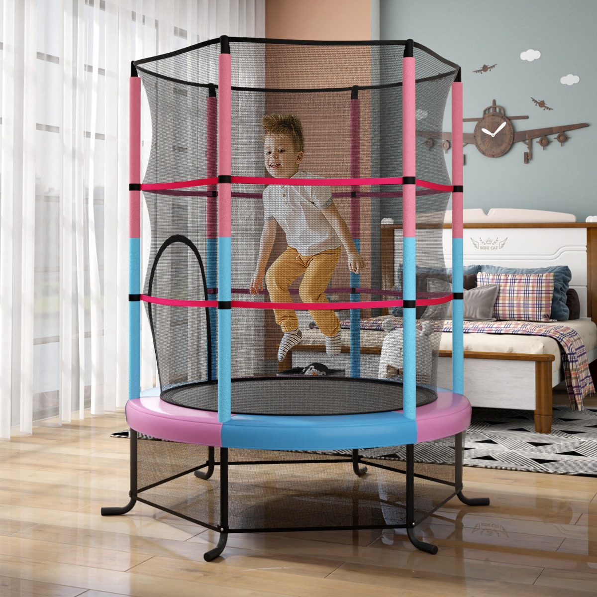 Ø165cm Gartentrampolin mit Sicherheitsnetz Trampolin bis 135KG belastbar für Kinder ab 3 Jahre Macaron