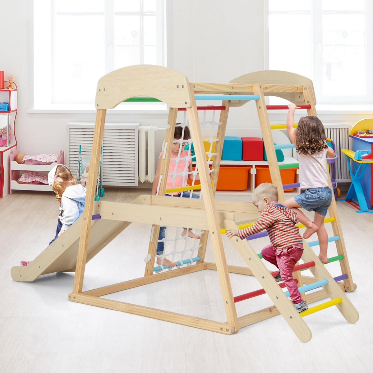 Klettergerüst Indoor Pull Up Bar & Rutsche & Kletternetz & Leiter & Tunnel 205 x 112 x 120 cm Bunt
