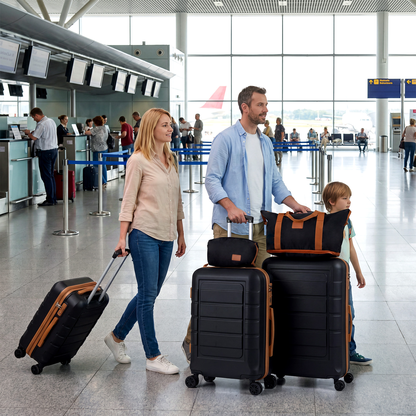 Koffer Set 5 Teilig Erweitbarer Hartschale Reisekoffer mit 1 Reisetasche & 1 Kulturbeutel Schwarz