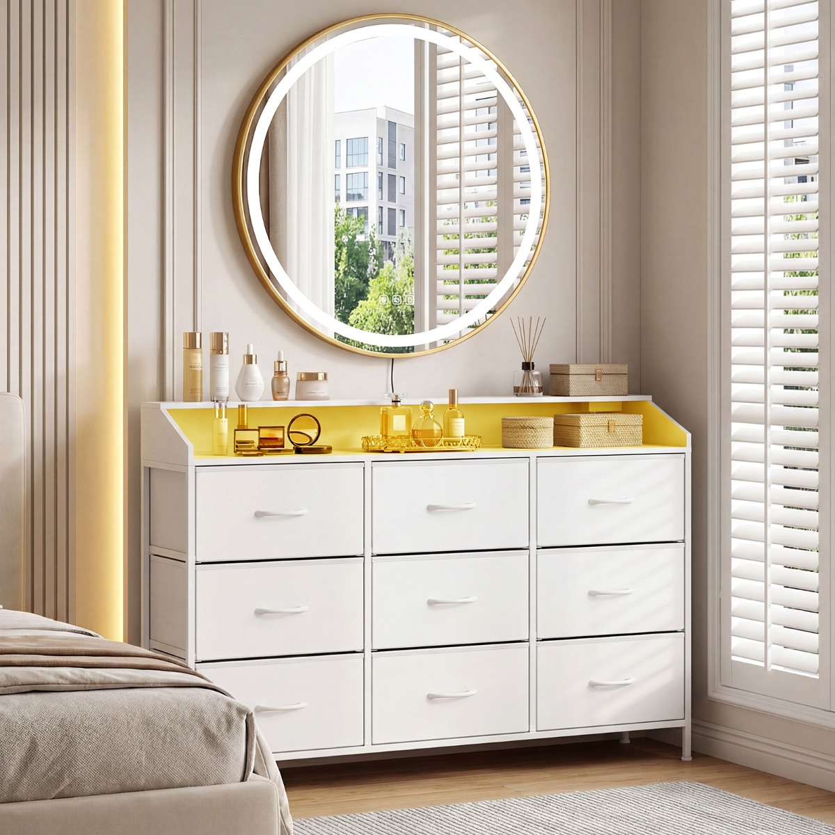 Kommode mit LED-Beleuchtung & Ladestation & 9 Stoffschubladen Sideboard Komodenschrank Weiß