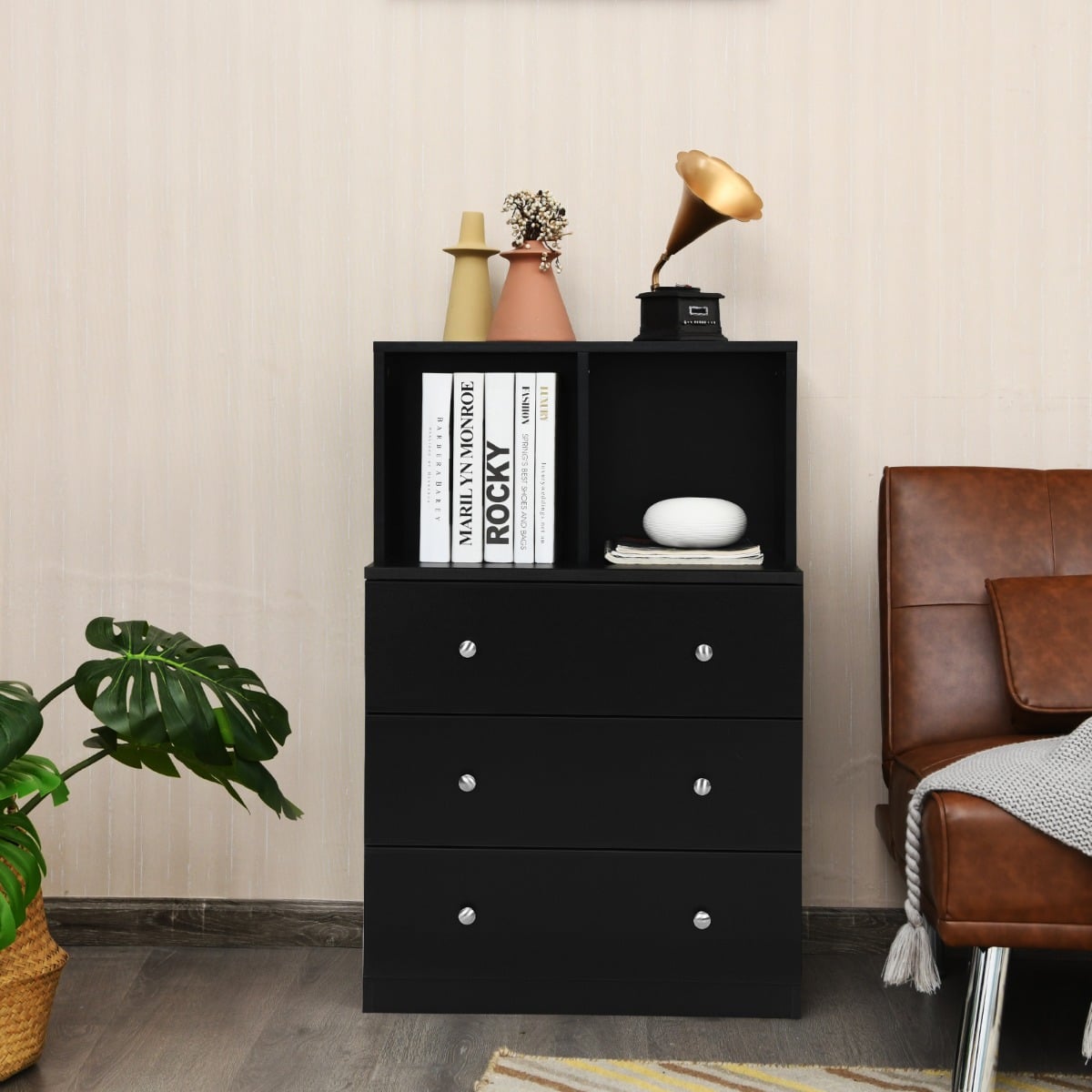 Kommode mit 3 Schubladen & 2 Fächern Sideboard aus Holz mit Kippsicherung 60 x 40 x 94 cm Schwarz