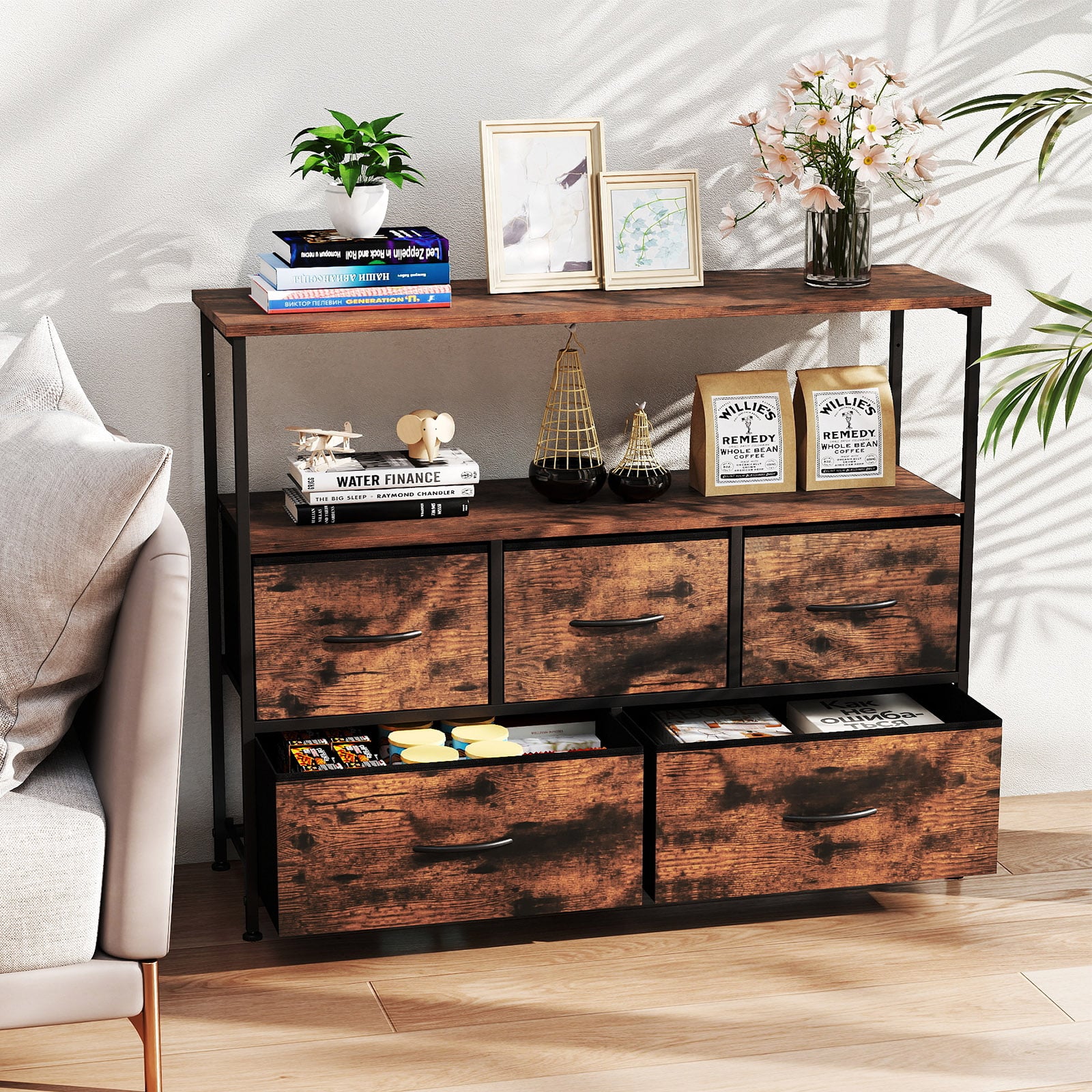 Kommode breiter Schrank mit 2 offenen Holzregalen 5 Schubladen & robustem Metallrahmen Rustikales Braun