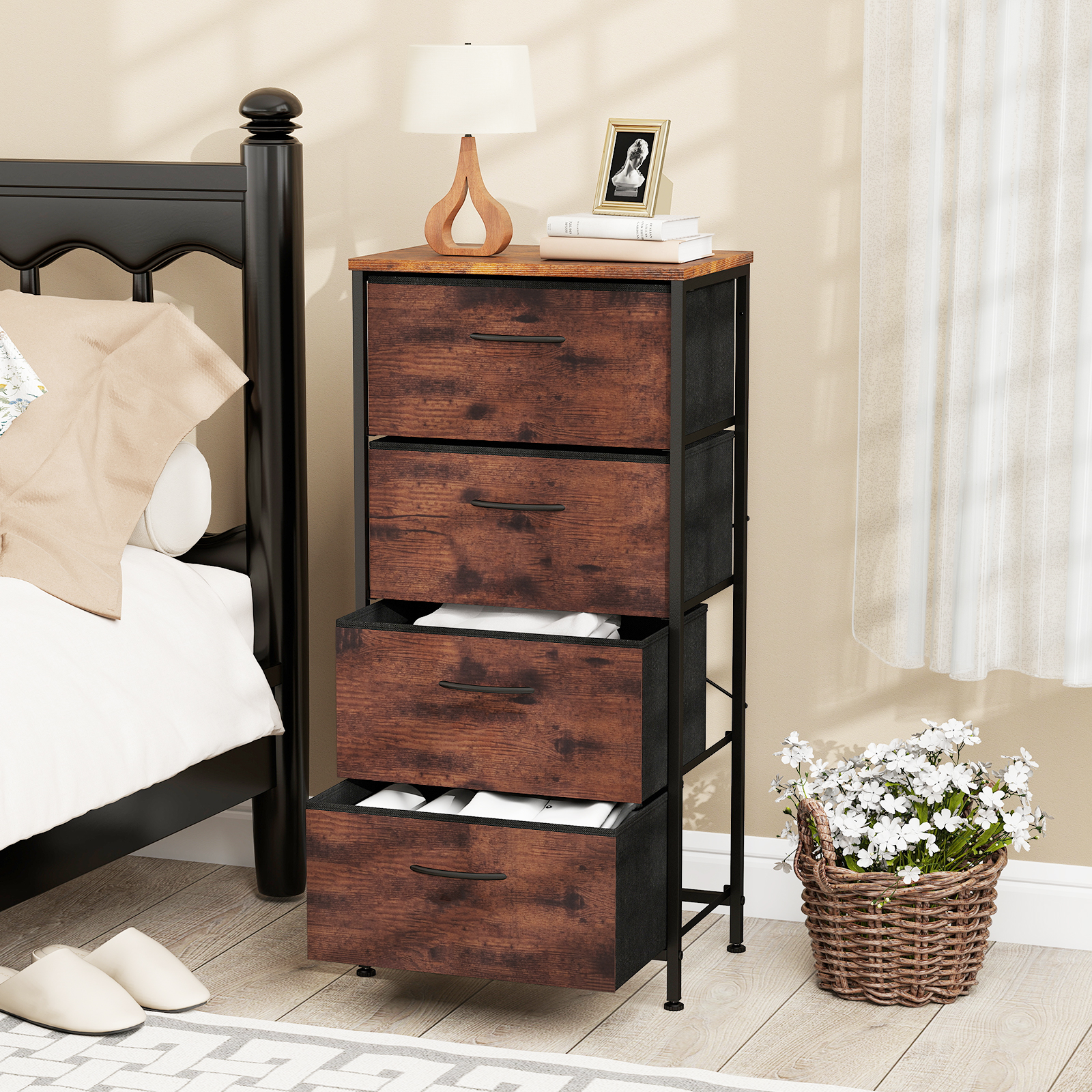 Kommode mit 4 Stoff Schubladen & Holzplatte & Metallrahmen Schubladenschrank Braun