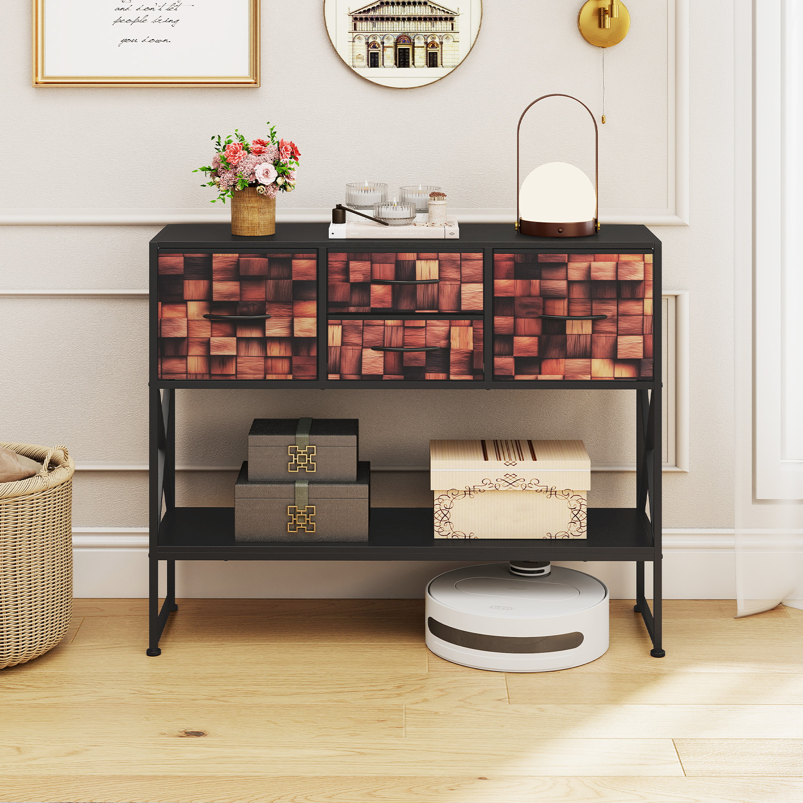 Konsolentisch Mit 4 Stoffschubladen Regal Metallrahmen Holz Mosaikmuster Kaffee & Schwarz