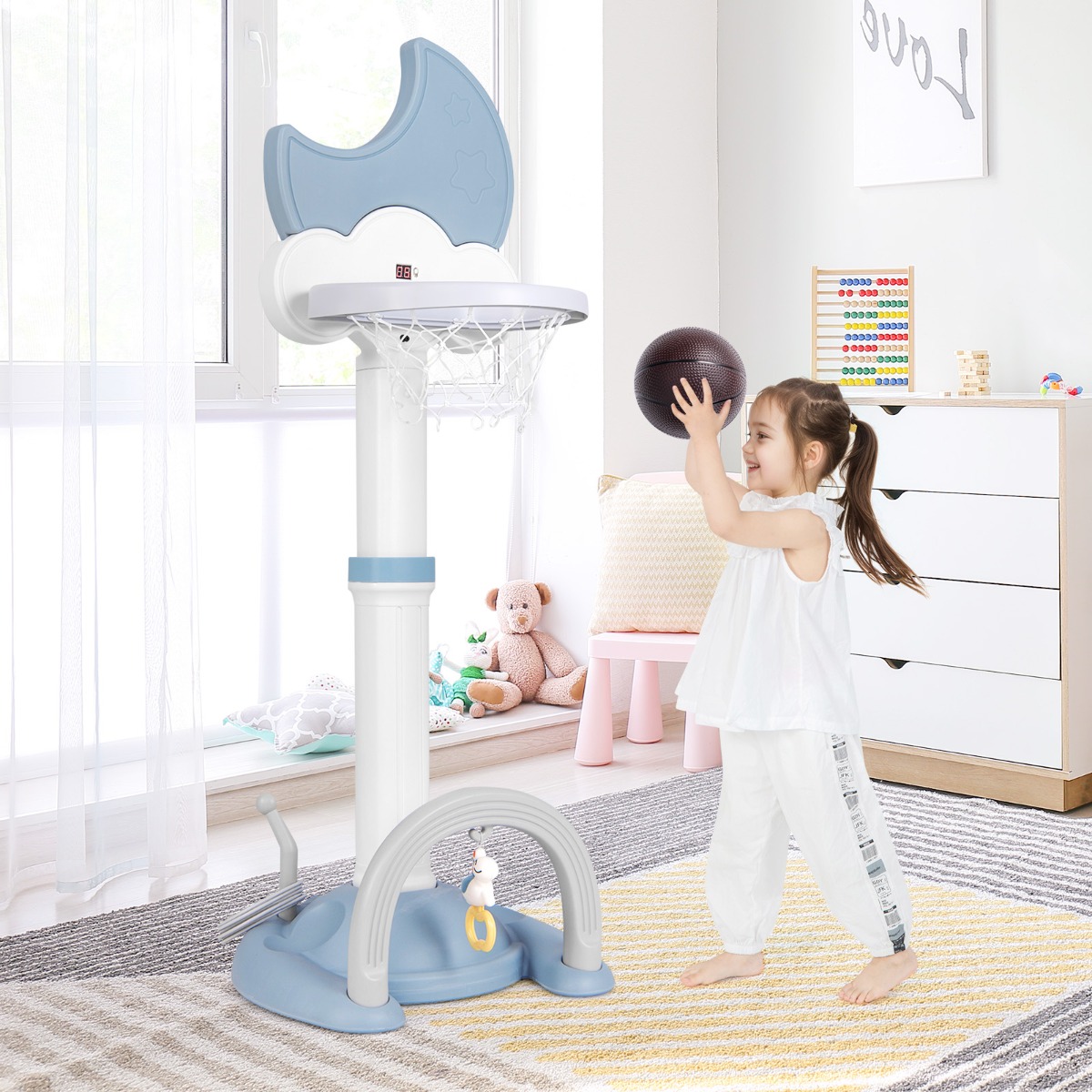 4 in 1 Kinder Basketballkorb Set mit Basketball & Fußball & Ringwurf Basketballständer Blau