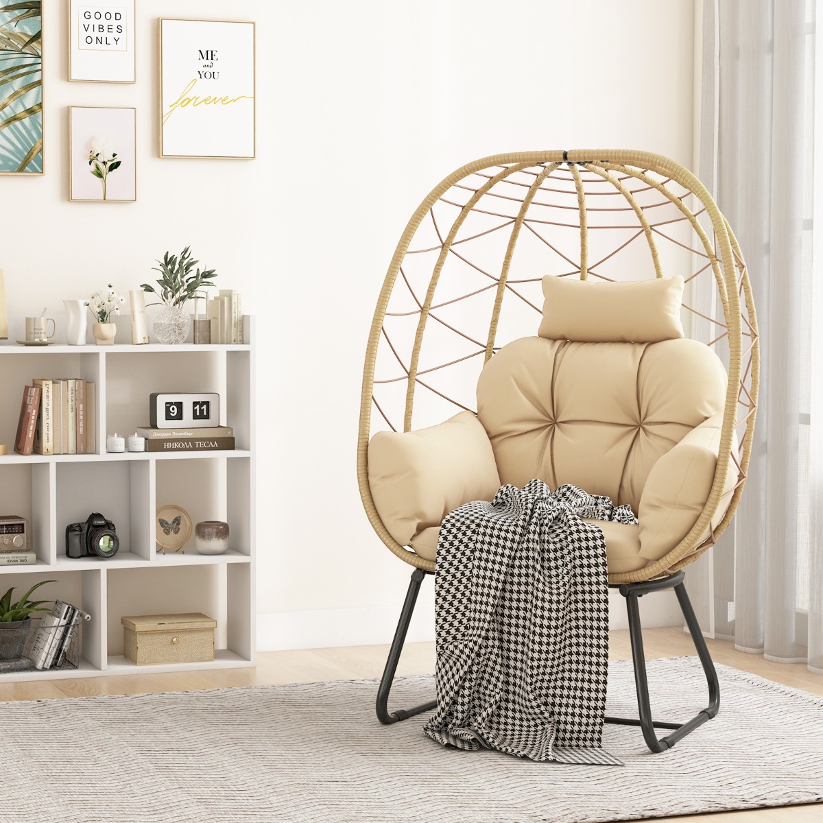 Rattan Korbsessel mit Abnehmbarem Kissen & Metallgestell Übergroßer Loungesessel Beige