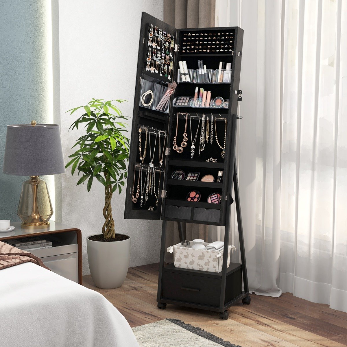 Schmuckschrank mit Spiegel Schmuck Spiegelschrank mit Schublade 42 x 38 x 157 cm Schwarz