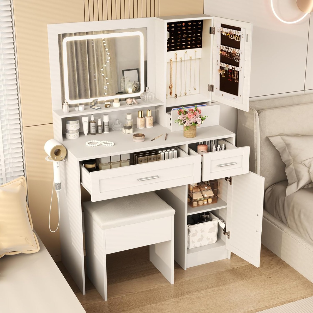 Schminktisch mit LED-Beleuchtung & Ladestation & Hocker Schmuckschrank Frisiertisch