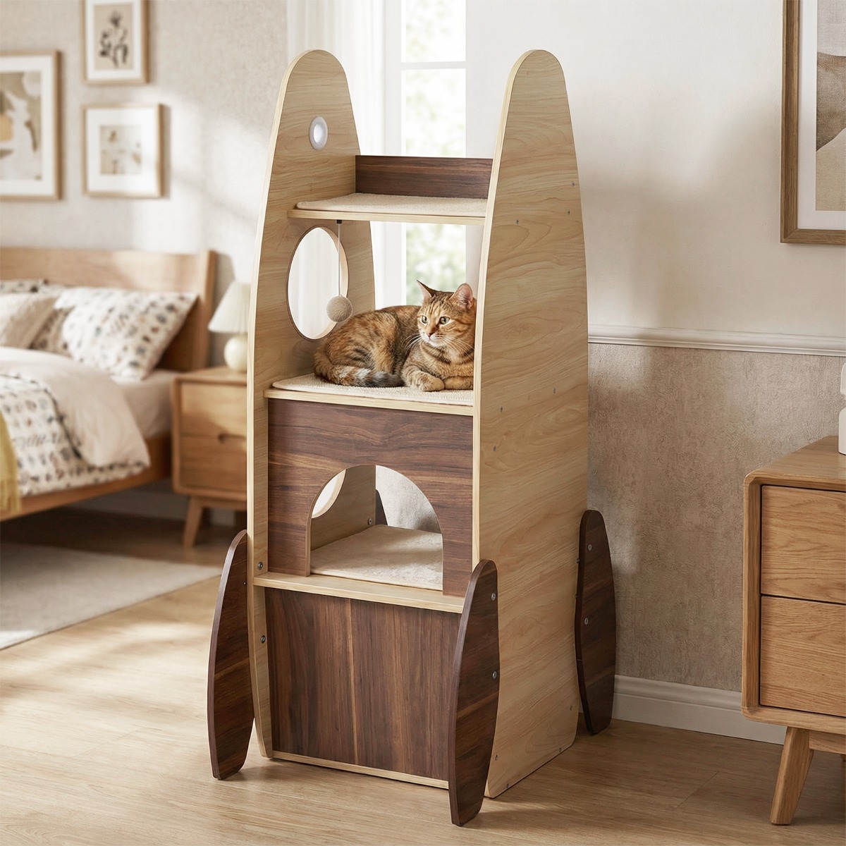 Raketenform Kratzbaum mit 2-stöckigem Katzenhaus & Plattformen & Sisal-Kratzmatte Kletterbaum