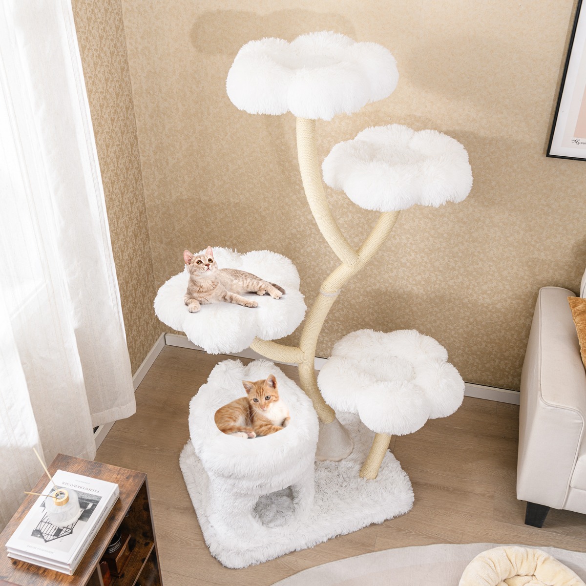 165cm Holz Kratzbaum mit 4 Warmen Liegeflächen & Katzenhöhle & Sisalstämmen Katzenbaum Weiß