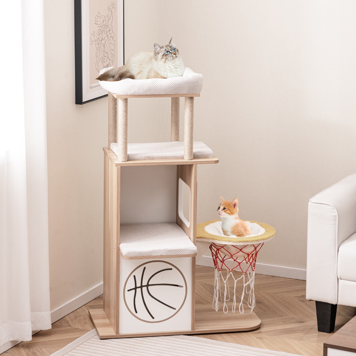 Kratzbaum aus Holz 120 cm großer Kletterturm mit Sportthema mit 2-stöckigem Katzenhaus Natur