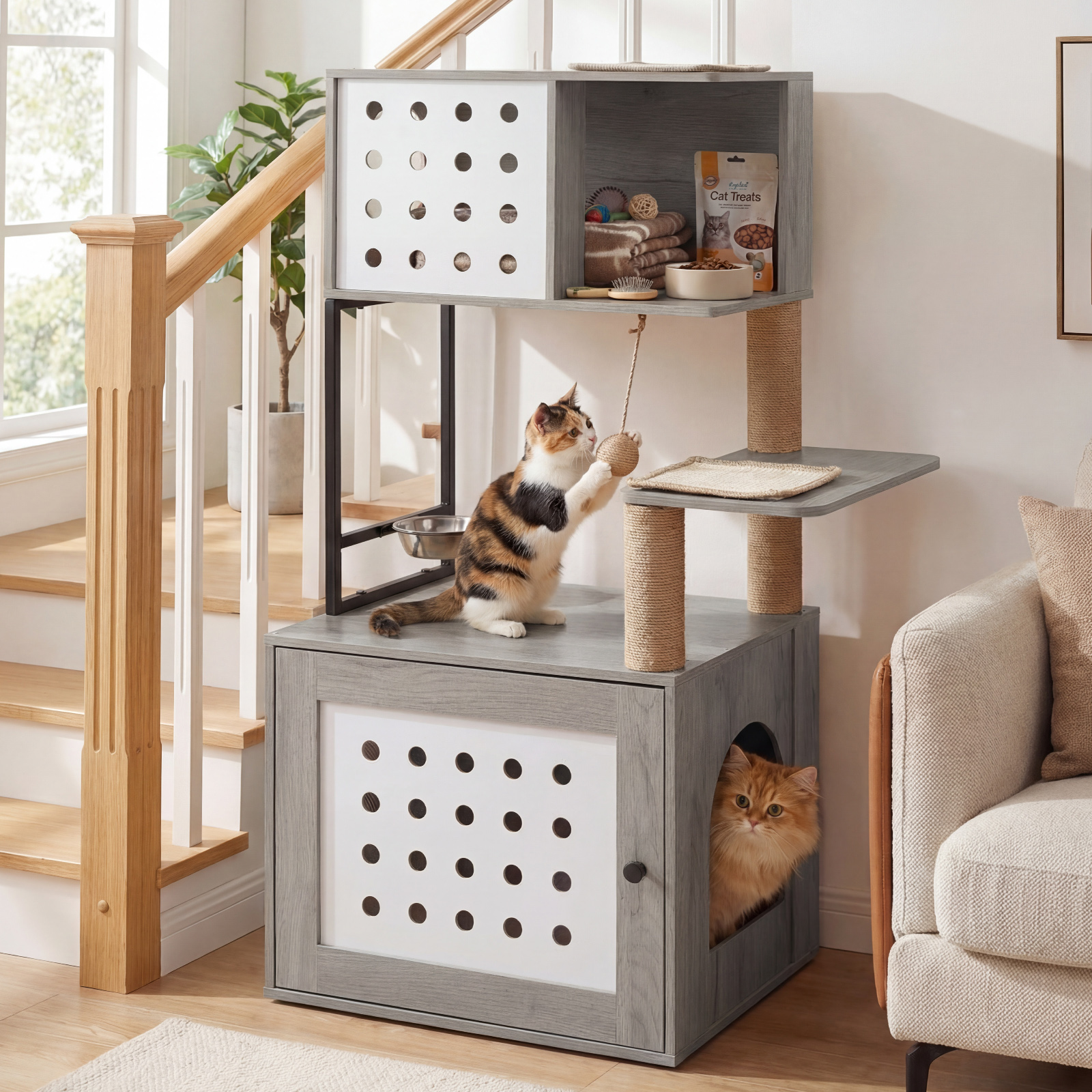 Kratzbaum mit Katzenklo-Schrank 117,5 cm Mehrstöckiger Katzenbaum Katzenkratzbaum mit Futterstation