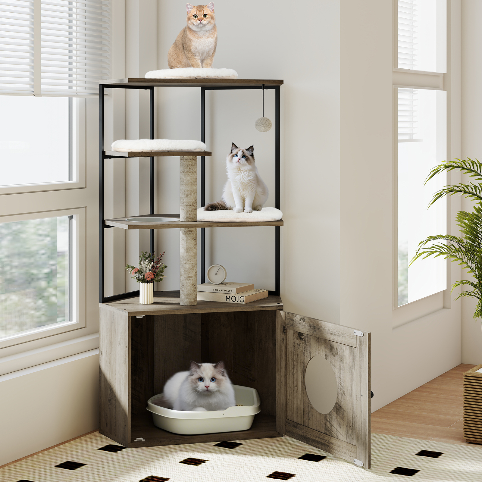 Kratzbaum mit Katzenklo Schrank & Katzenloch & Matten Katzenschrank für Katzentoilette Katzenmöbel
