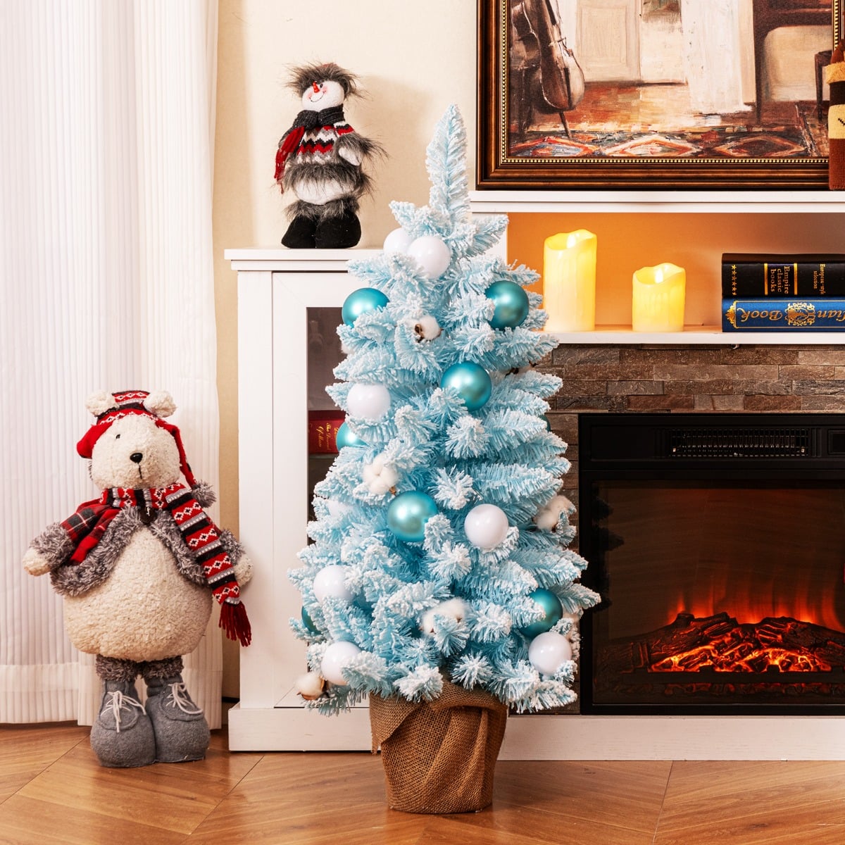 90 cm Mini künstlicher Weihnachtsbaum mit Schnee & Zementbasis Tannenbaum Chirstbaum Blau