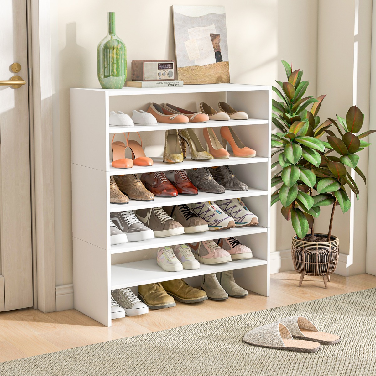 Schuhregal 78 cm Langer Horizontaler Schuhschrank 2-Stöckiges Lagerregal Weiß