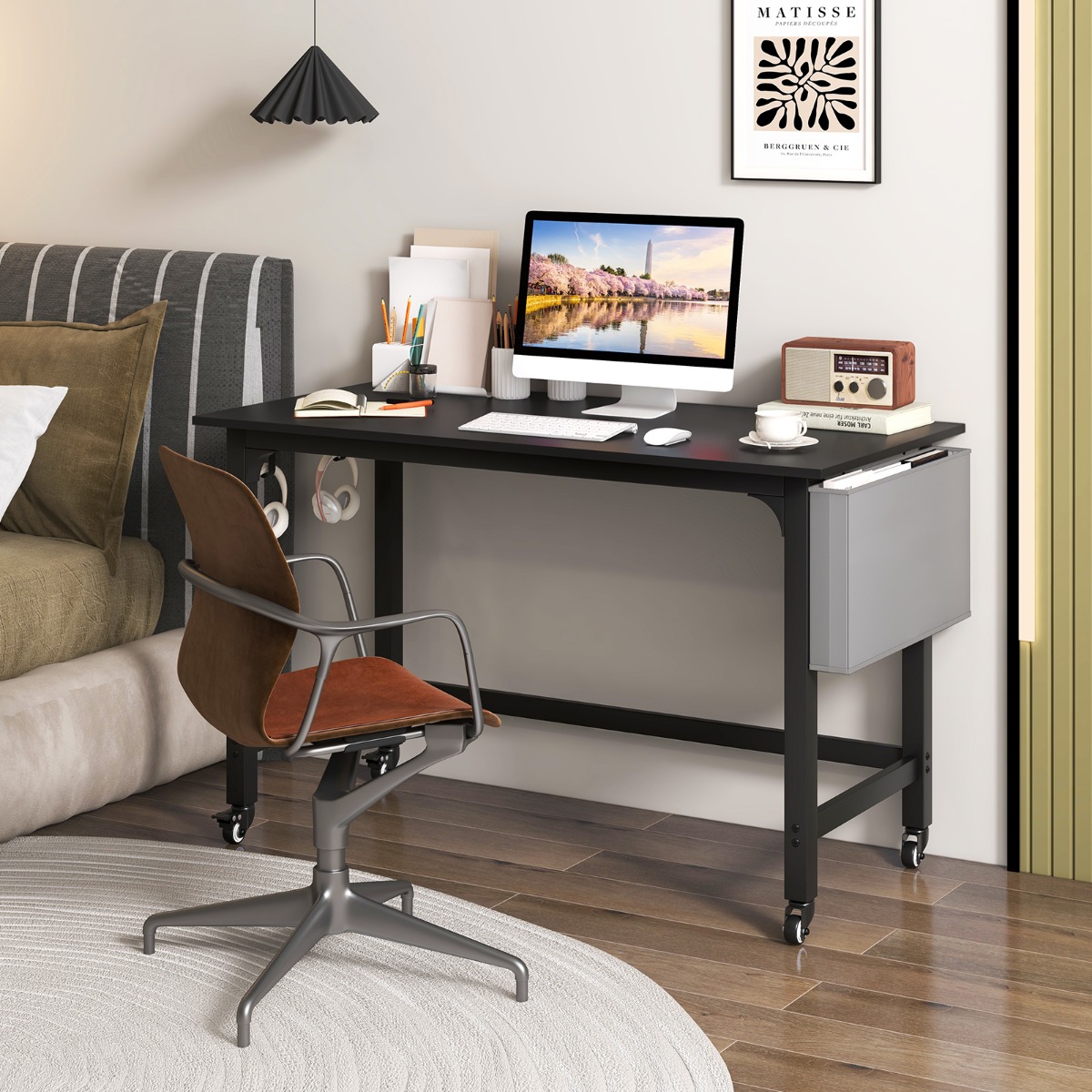 Schreibtisch mit Rollen Computertisch mit Abnehmbarer Stofftasche und Kopfhörerhaken 120 x 60 x 75 cm Schwarz