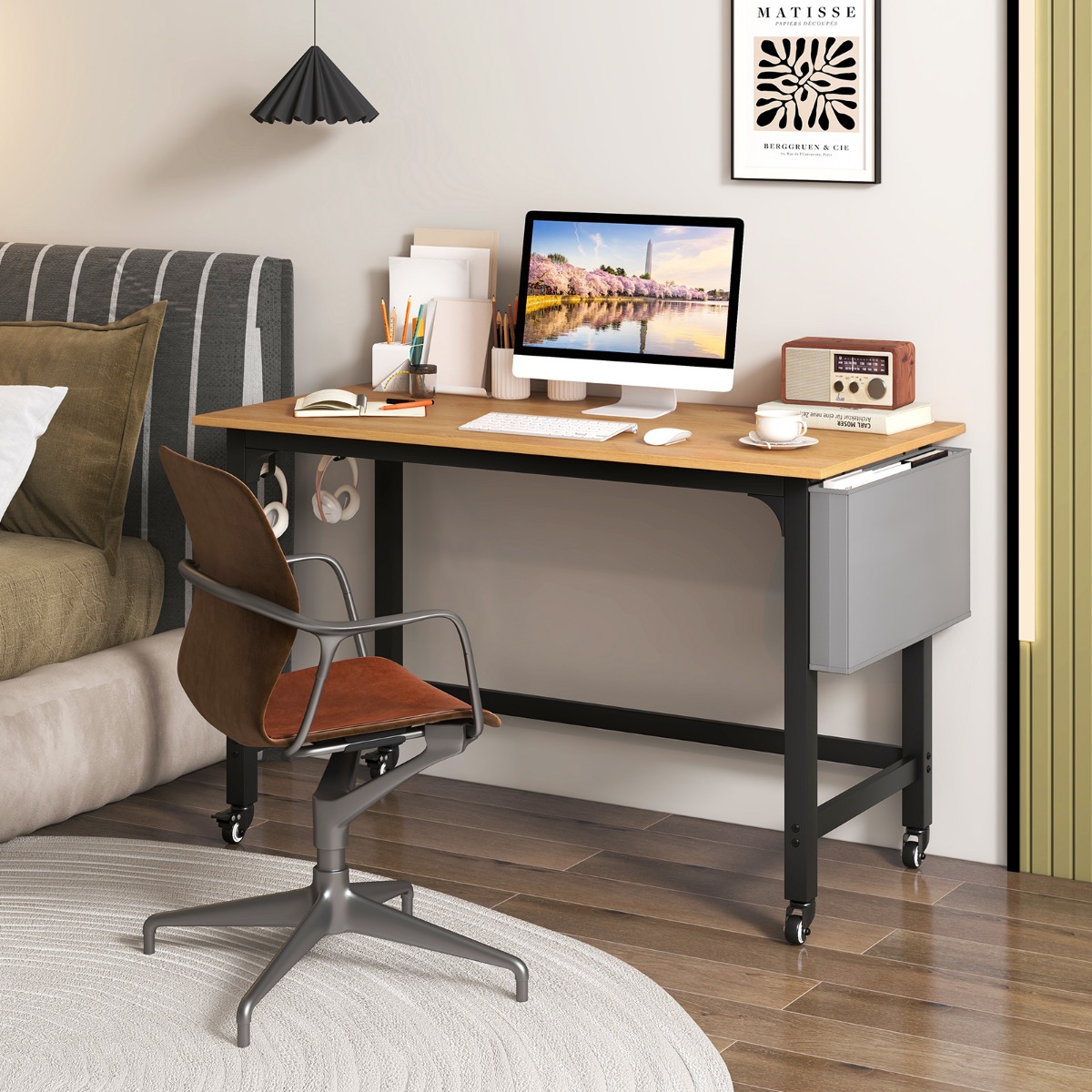 Schreibtisch mit Rollen Computertisch mit Abnehmbarer Stofftasche und Kopfhörerhaken 120 x 60 x 75 cm Holz