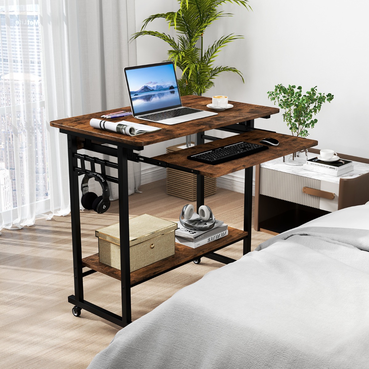 Schreibtisch mit Rollen & Tastaturablage & Ablagefläche unten & Haken Computertisch Braun